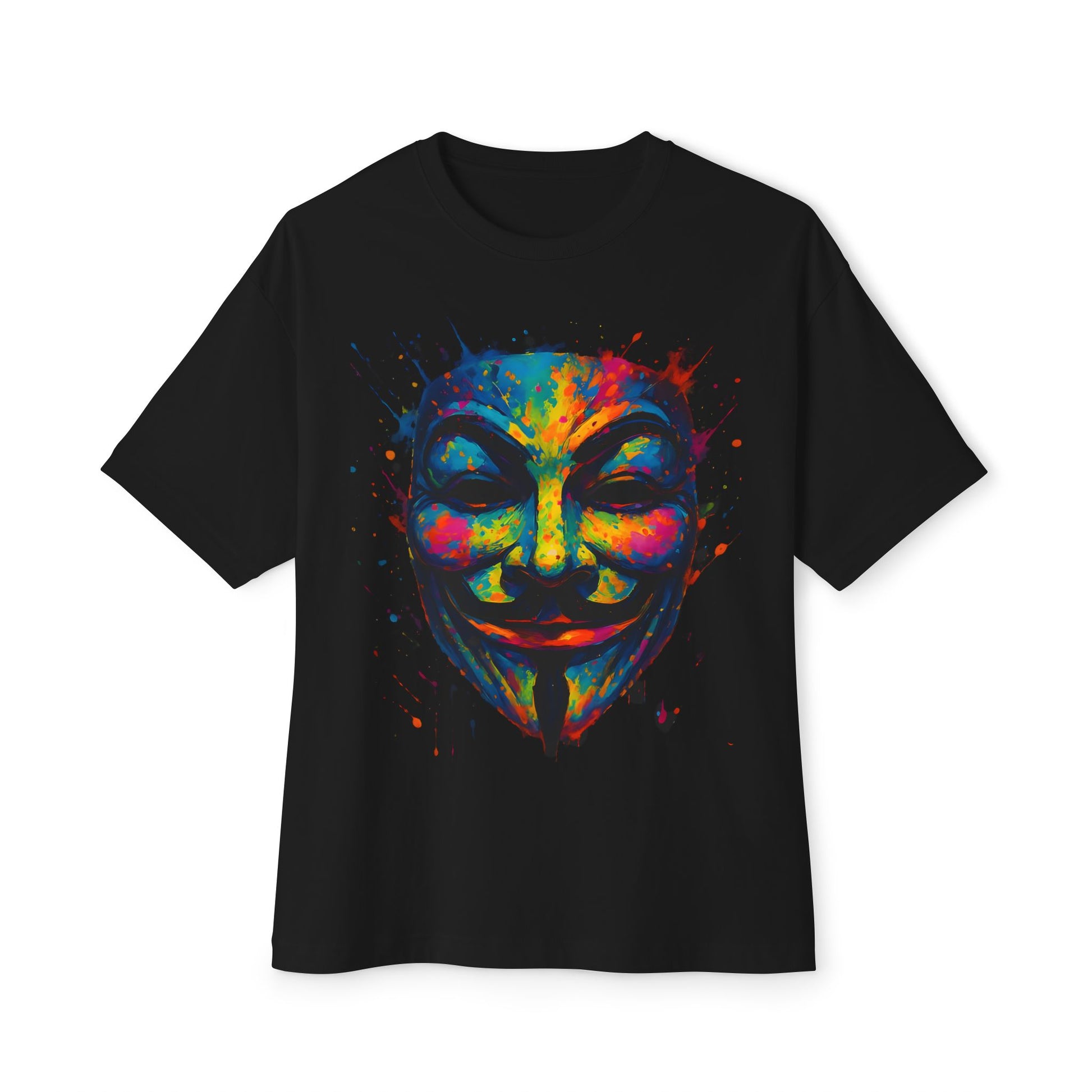 Vibrant Guy Fawkes Oversized Tee, Unisex Streetwear, Festival Top, Protest Shirt, Colorful Graphic Tee - DINOS FASHION
