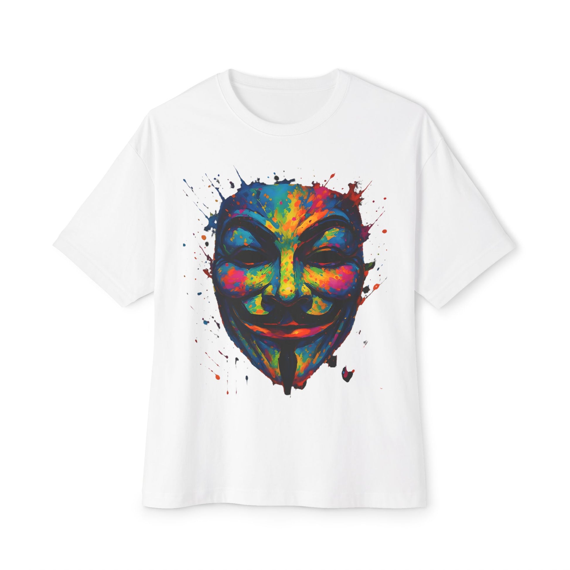 Vibrant Guy Fawkes Oversized Tee, Unisex Streetwear, Festival Top, Protest Shirt, Colorful Graphic Tee - DINOS FASHION