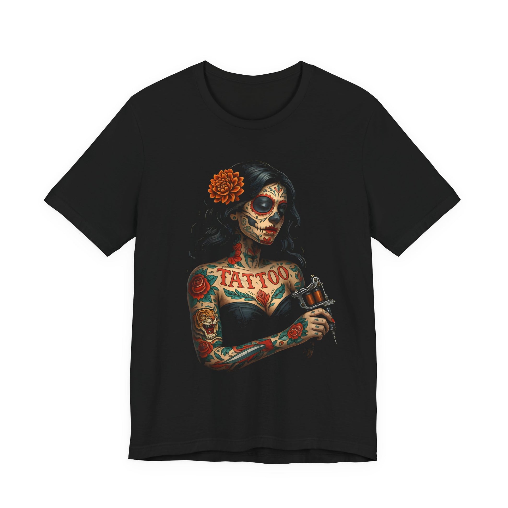 DINOS Sugar Skull Tattoo Tee | Gothic Día de los Muertos Shirt | Unisex Graphic Streetwear T-Shirt