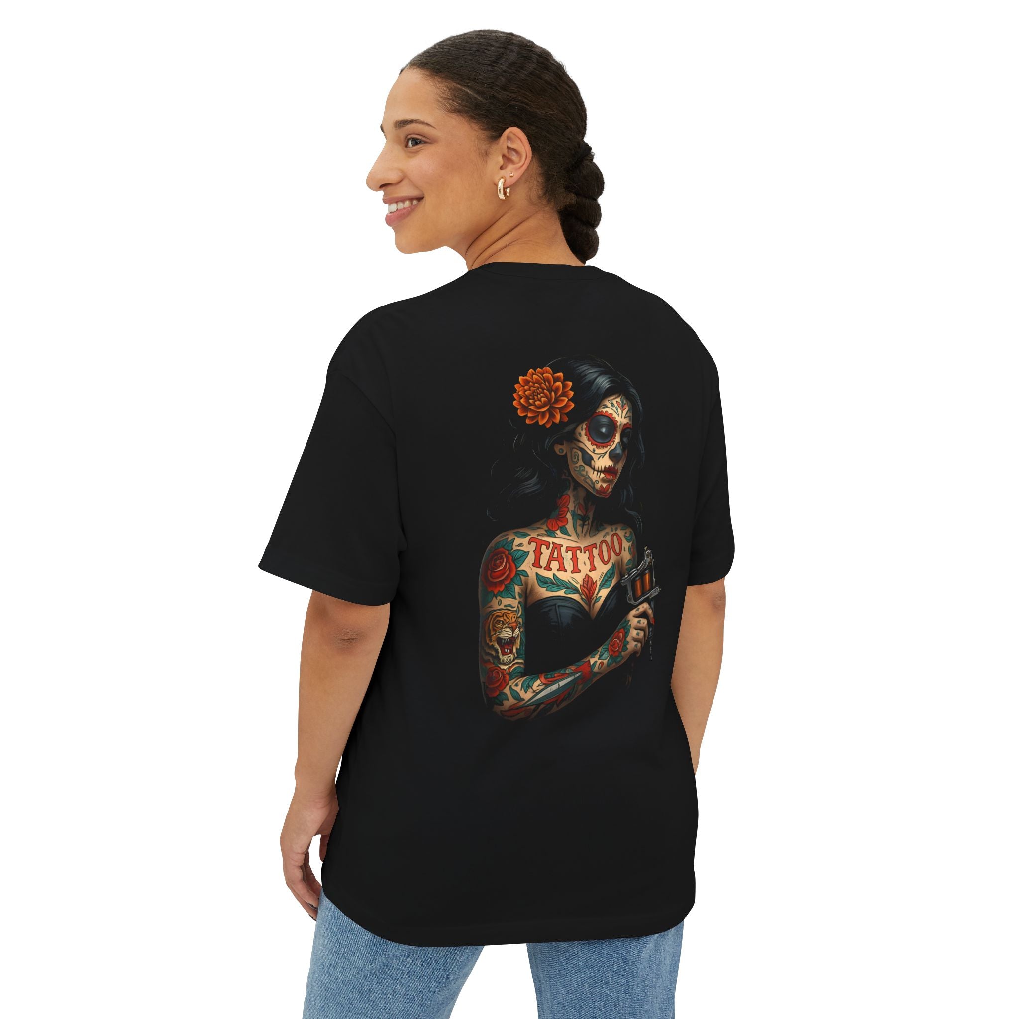 Image of DINOS Sugar Skull Chicano T-Shirt | Oversized Unisex Graphic Tee | Day of the Dead Streetwear Shirt - DINOS FASHION
