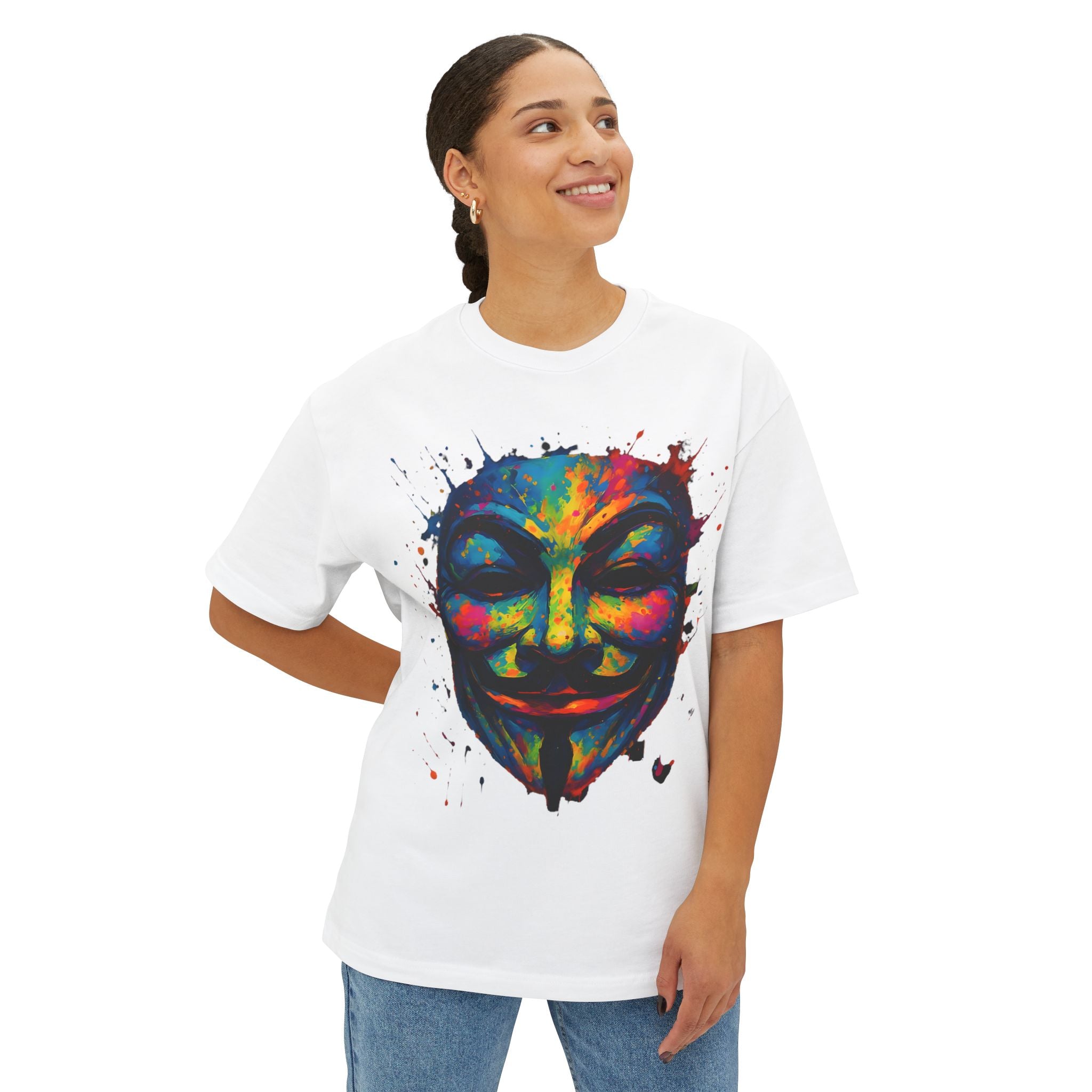 Vibrant Guy Fawkes Oversized Tee, Unisex Streetwear, Festival Top, Protest Shirt, Colorful Graphic Tee - DINOS FASHION