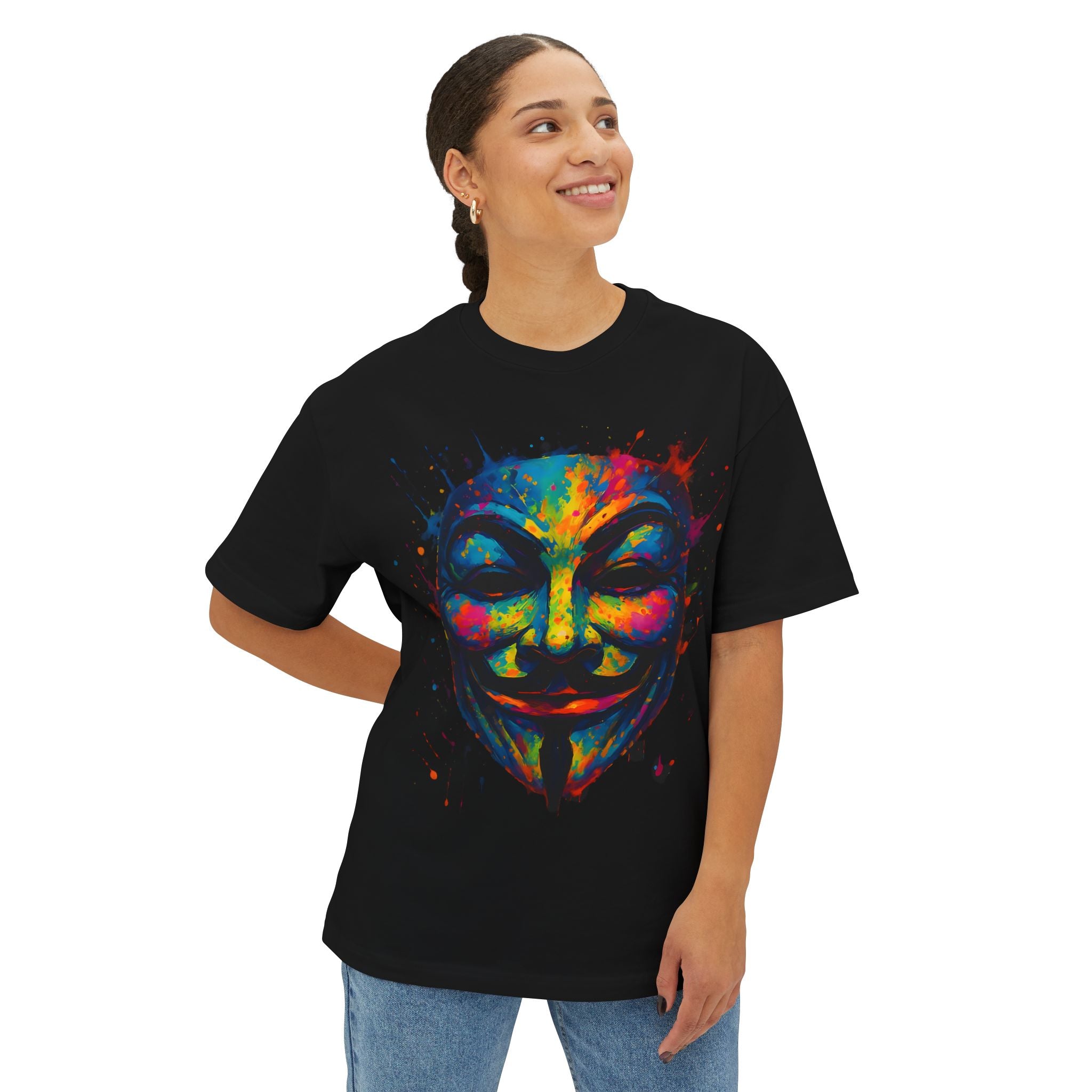 Image of Vibrant Guy Fawkes Oversized Tee, Unisex Streetwear, Festival Top, Protest Shirt, Colorful Graphic Tee - DINOS FASHION