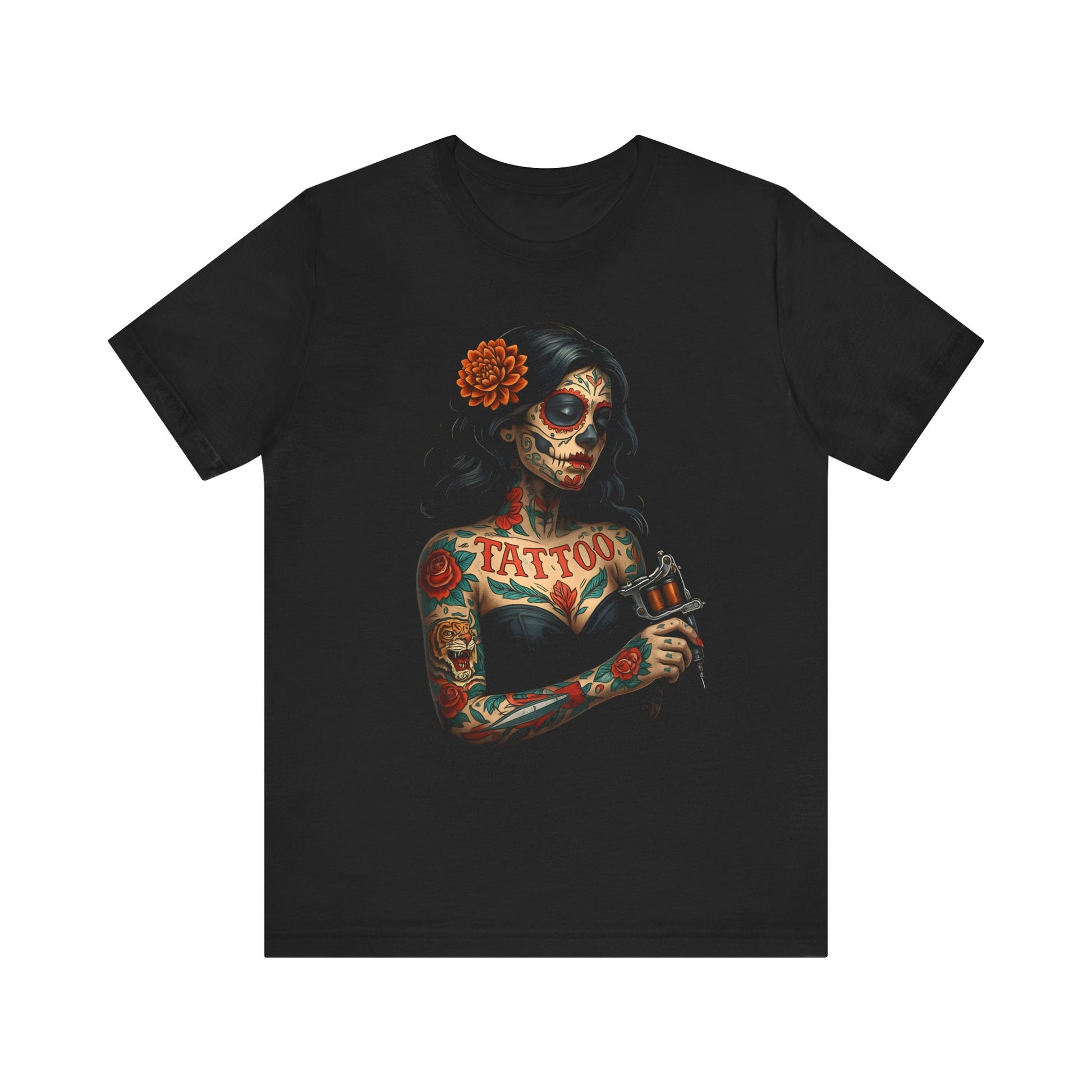 DINOS Sugar Skull Tattoo Tee | Gothic Día de los Muertos Shirt | Unisex Graphic Streetwear T-Shirt