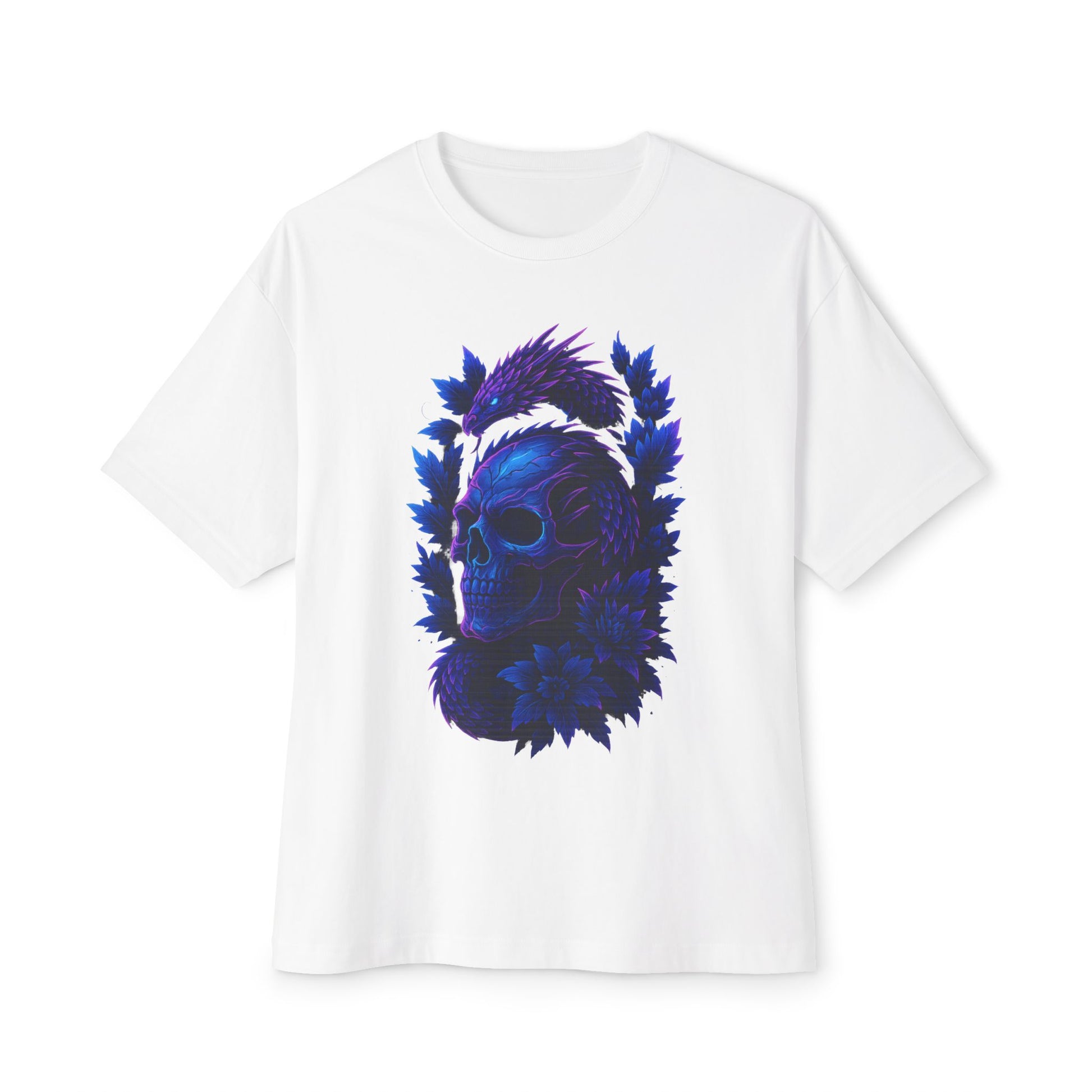 Neon Skull Oversized Boxy Tee | Dinos Streetwear | Premium Cotton Tattoo Art Shirt | Psychedelic Blue Glow Design - DINOS FASHION
