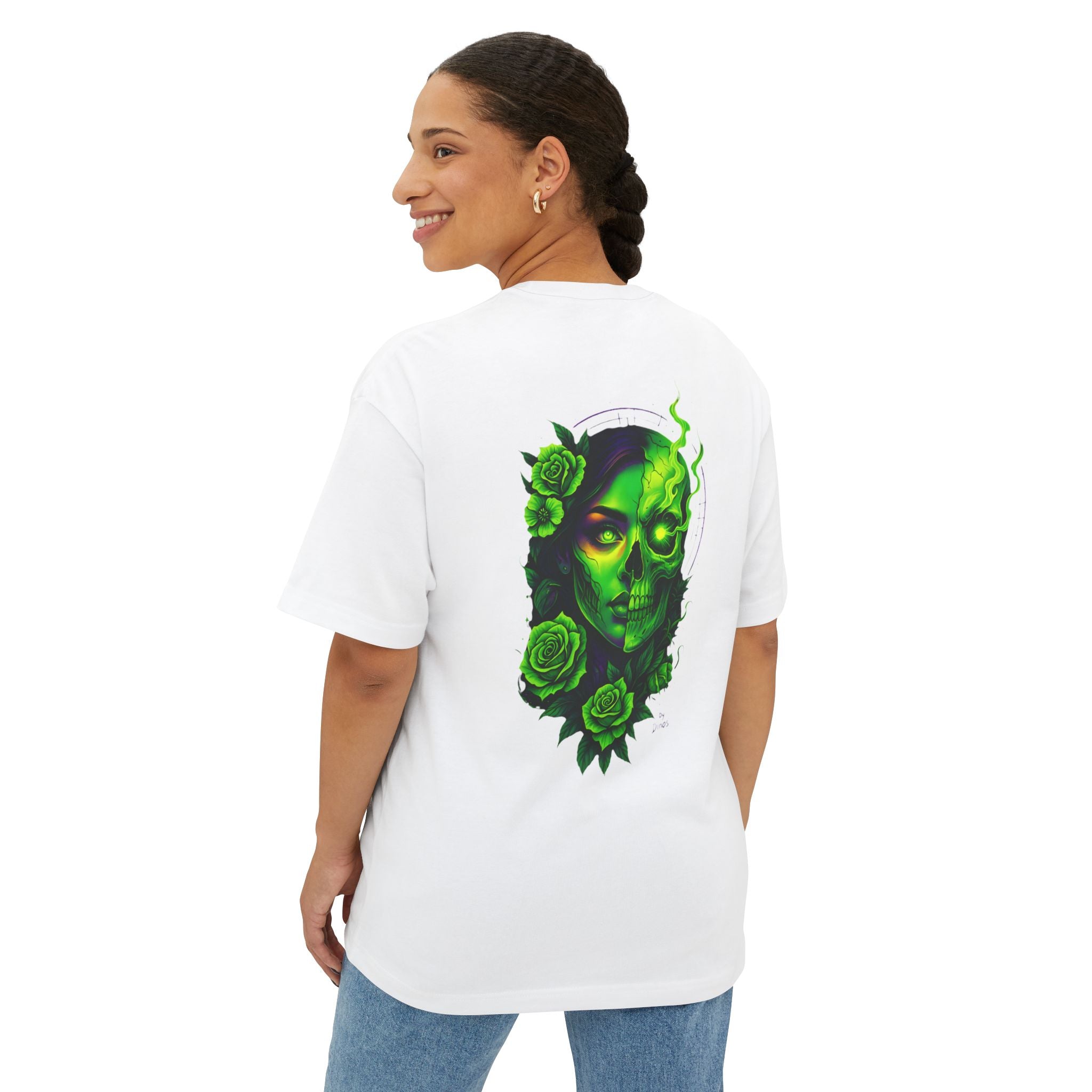 Image of Chic Oversized Graphic Tee with Skull Design, Unisex Grunge Tee, Plus Size Casual Shirt, Streetwear Halloween Top, Gothic Art Apparel - DINOS FASHION