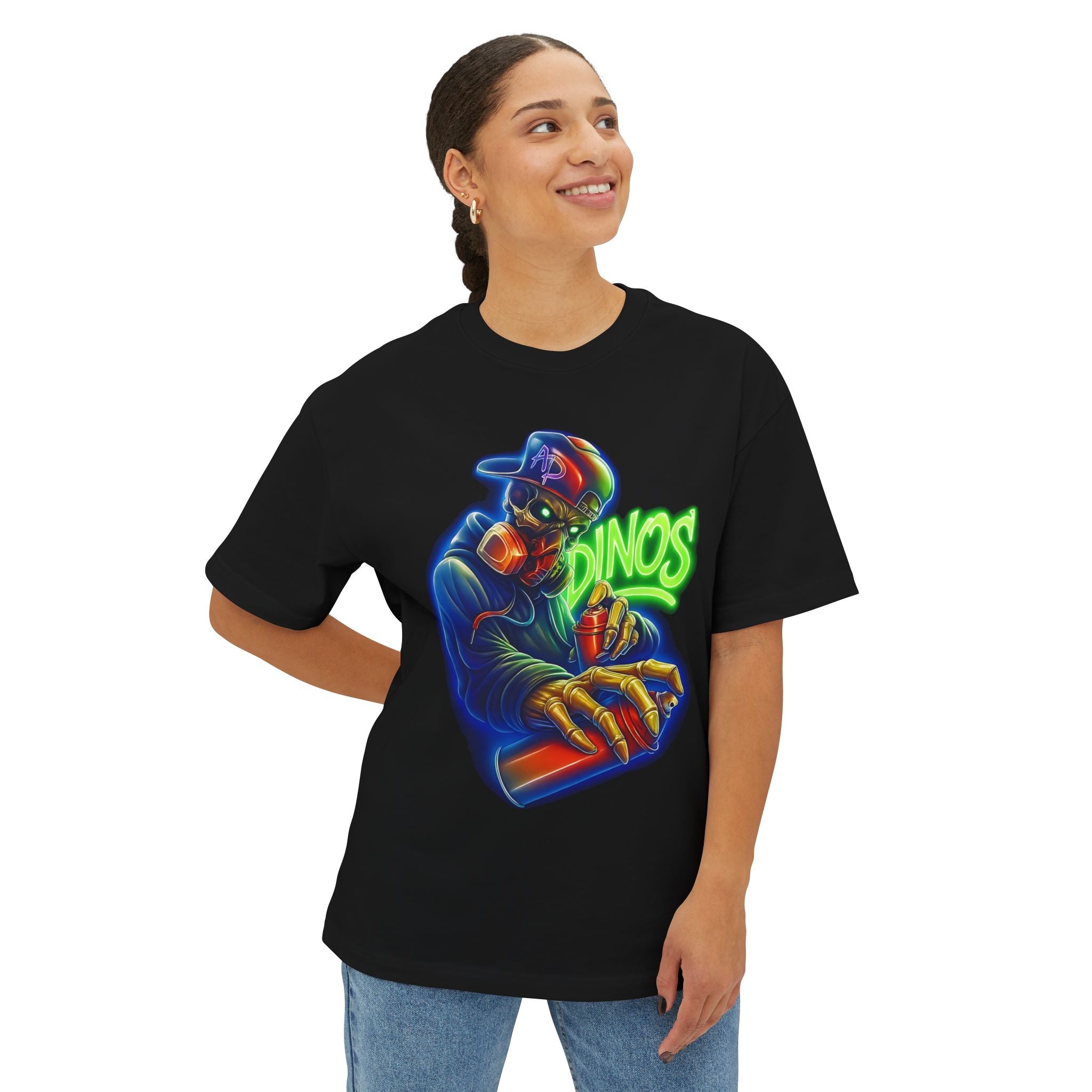 DINOS STYLE GRA OVERSIZE Unisex T-Shirt – Female Model Wearing Front View