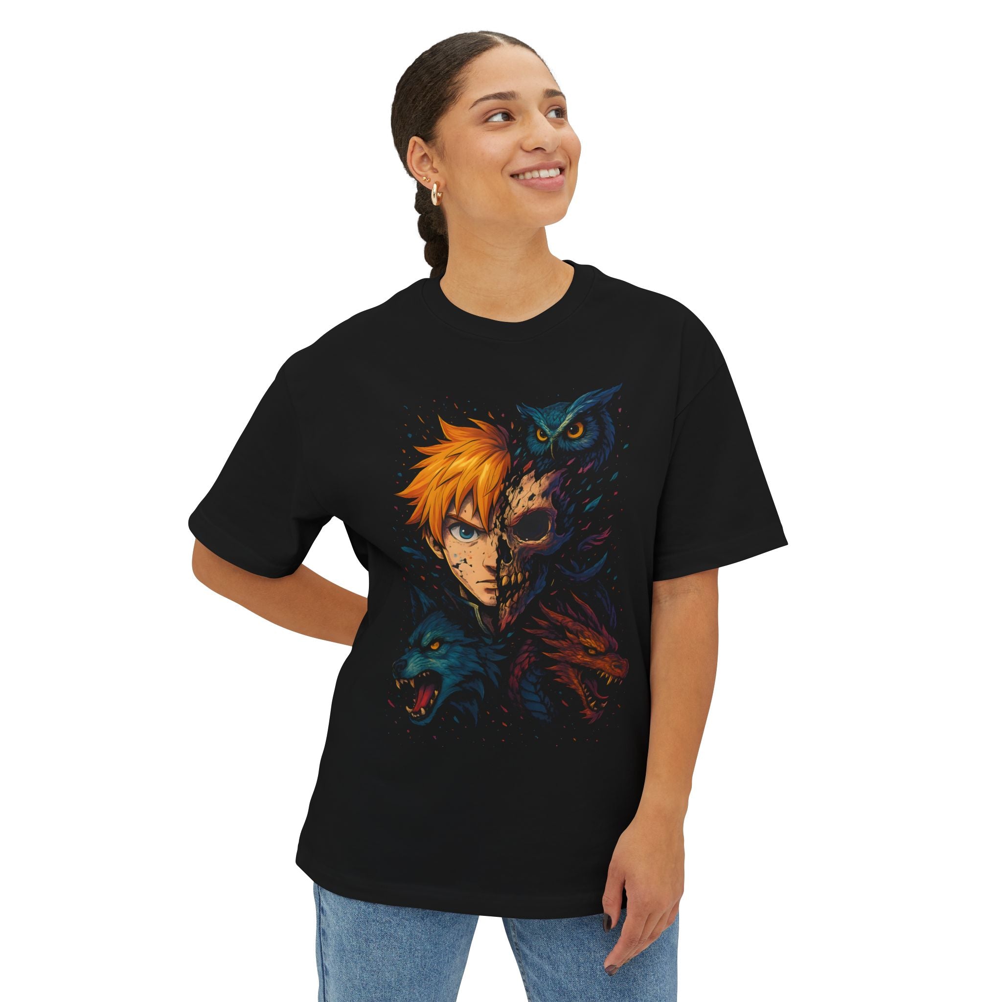 Image of DINOS Anime-Inspired Oversized Tee | Unisex Boxy Fit Graphic Shirt | Bold Streetwear Fashion - DINOS FASHION