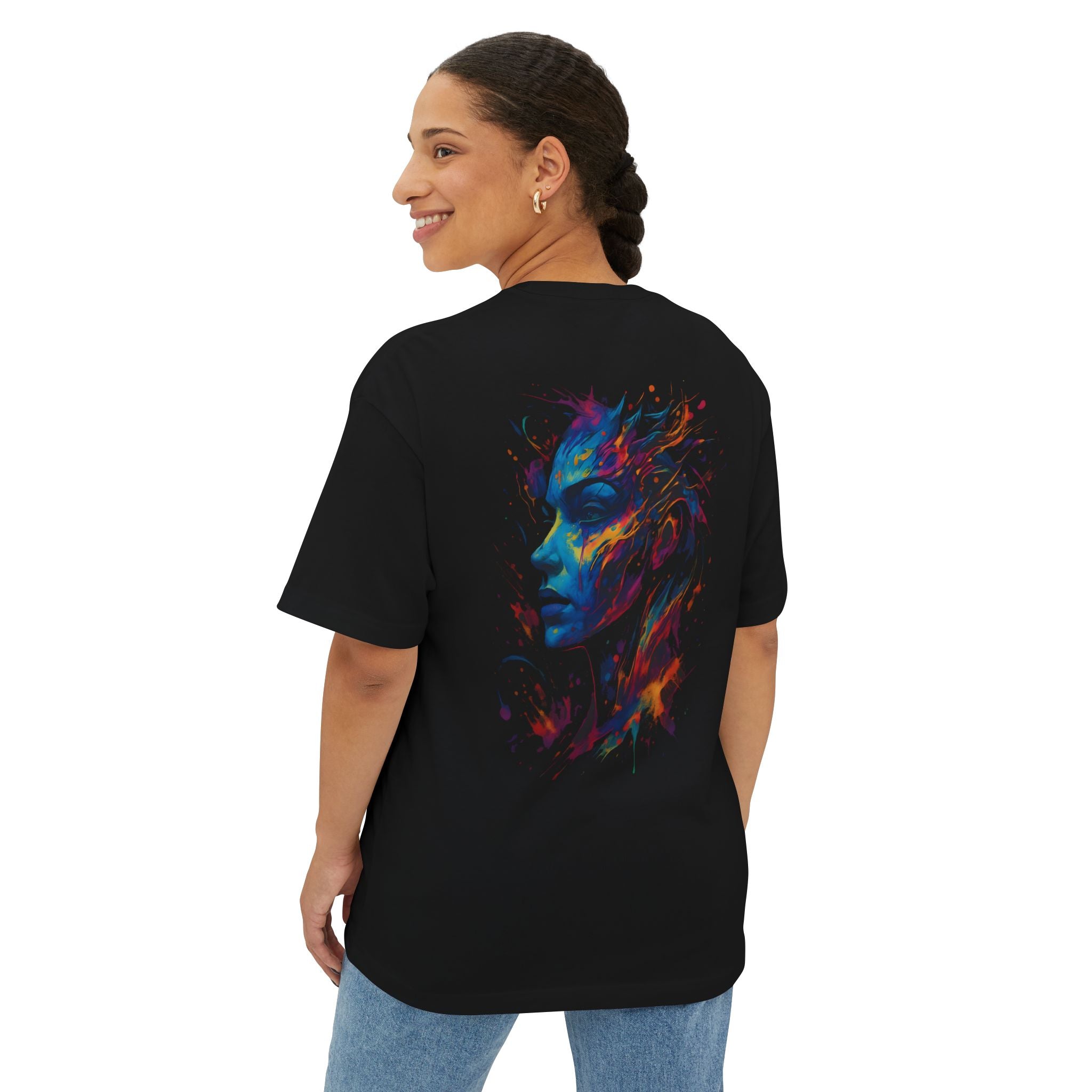 DINOS Vibrant Artistic Oversized Graphic Tee – Model Wearing Back