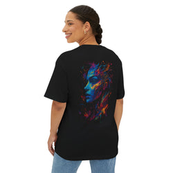 Image of DINOS Vibrant Artistic Oversized Graphic Tee – Model Wearing Back