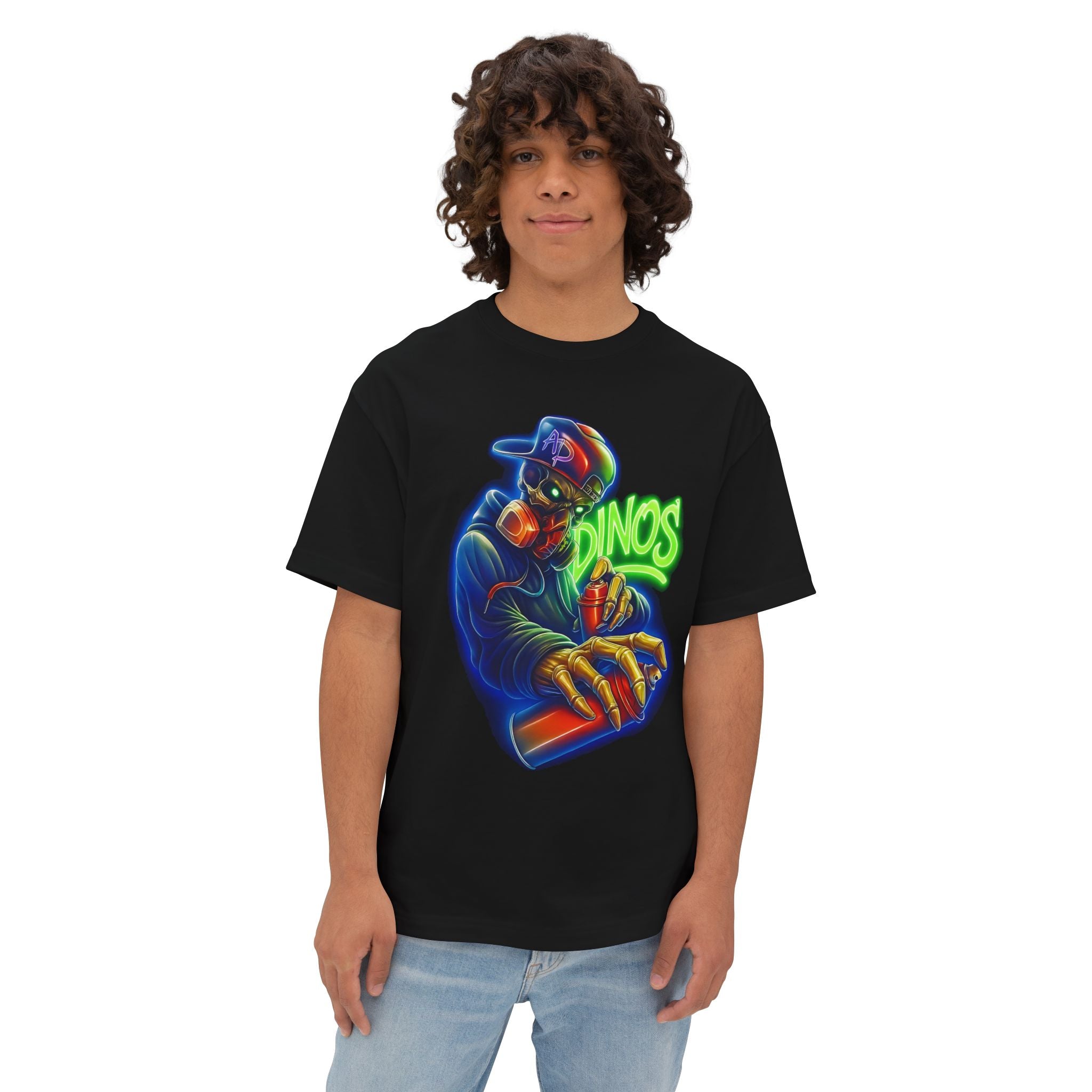 DINOS STYLE GRA OVERSIZE Unisex T-Shirt – Male Model Wearing Front View