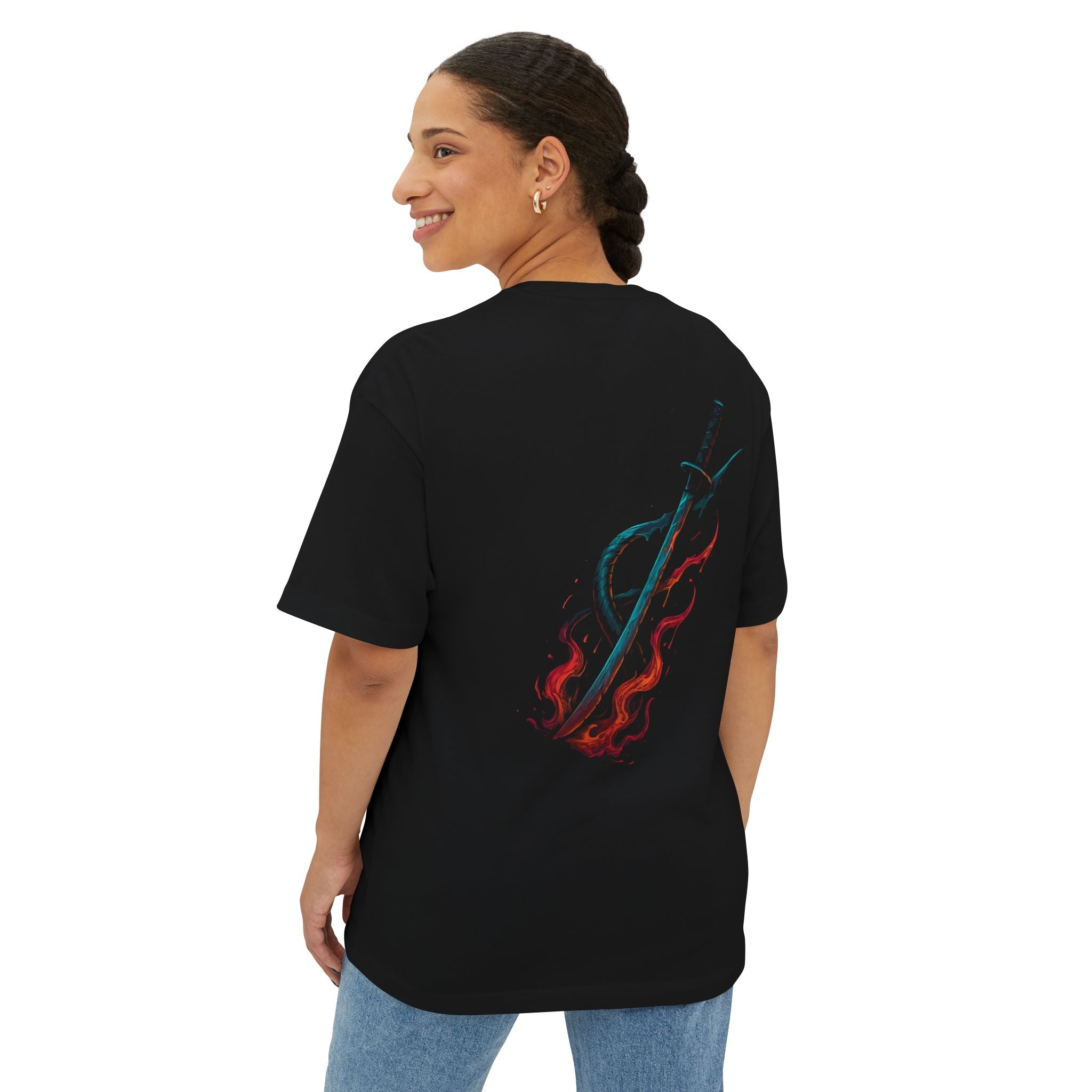 Image of DINOS sward samu Graphic Oversized Tee, Unique Streetwear, Unisex Boxy T-Shirt, Perfect for Casual Outings, Halloween or Gift - DINOS FASHION
