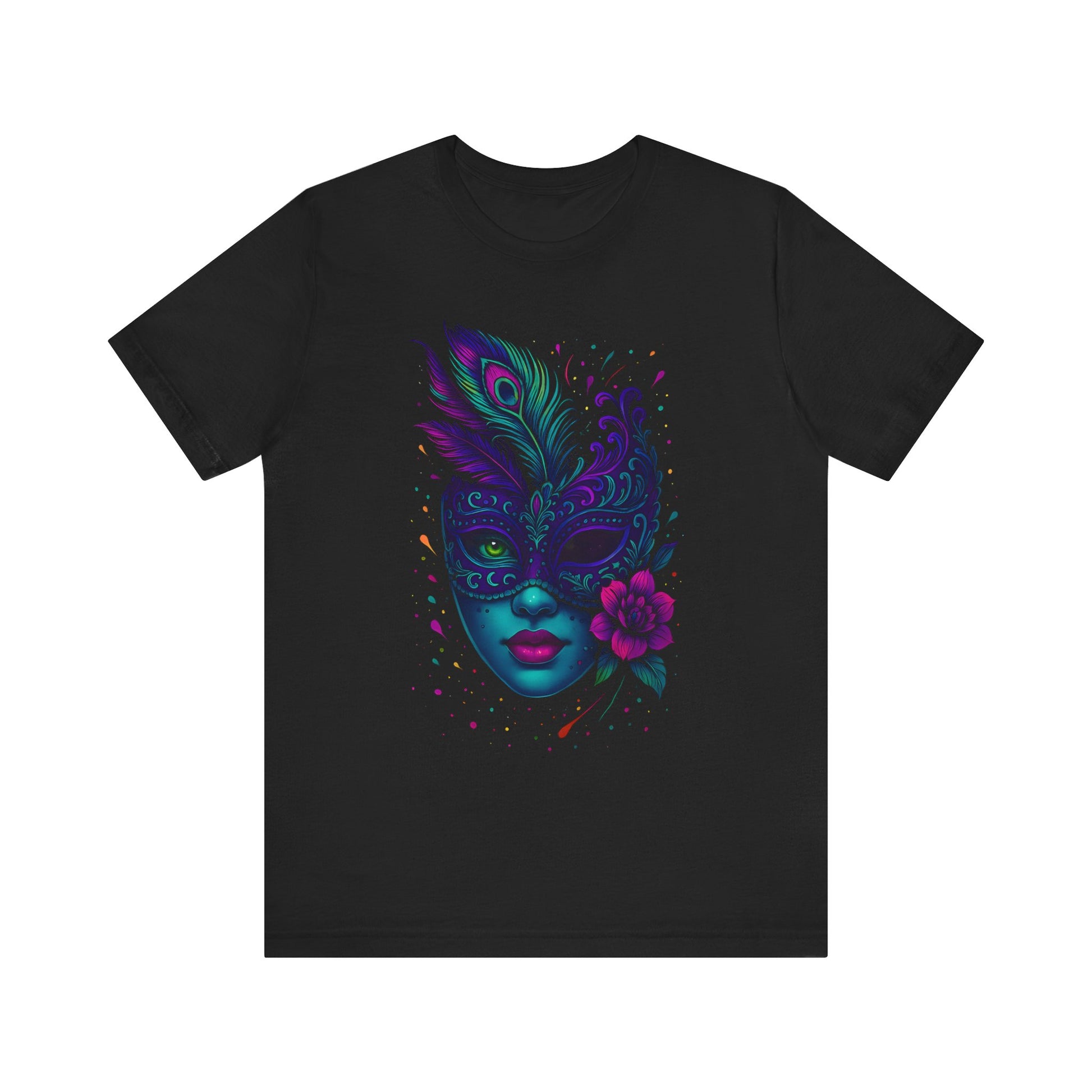 DINOS Carnival Mask Tee - Artistic Shirt, Festival Wear, Unisex Jersey, Gift for Art Lovers, Colorful Summer Fashion - DINOS FASHION