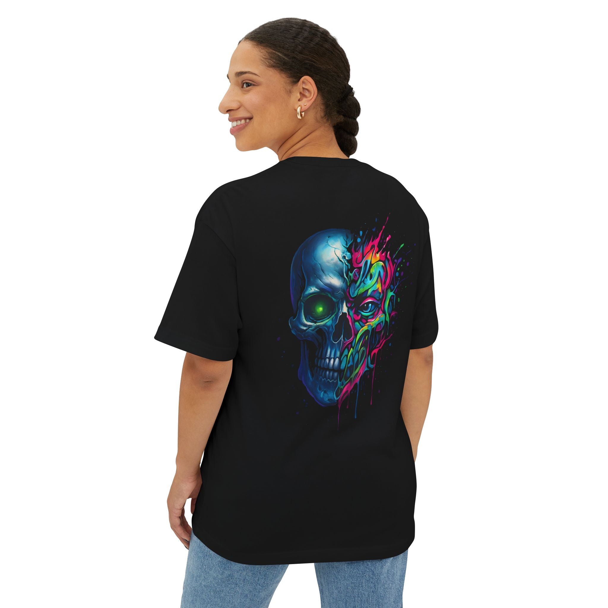 Image of DINOS Skull Art Oversized T-Shirt | Gothic Neon Graphic Tee | Bold Streetwear Festival Shirt - DINOS FASHION