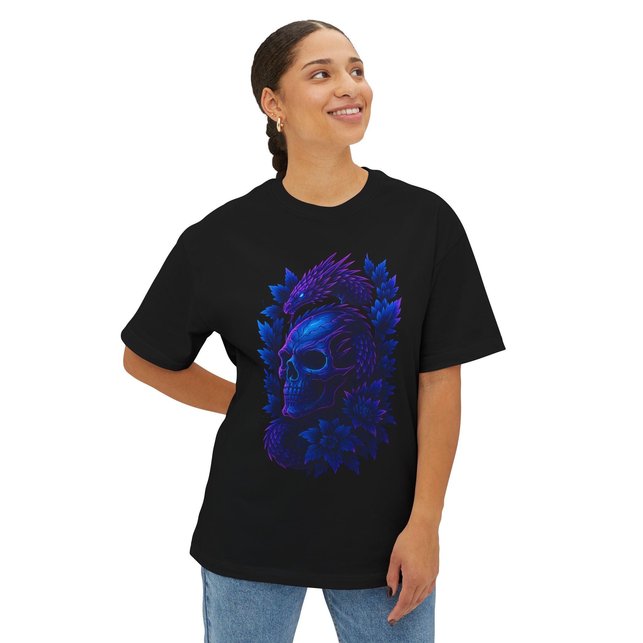 Image of Neon Skull Oversized Boxy Tee | Dinos Streetwear | Premium Cotton Tattoo Art Shirt | Psychedelic Blue Glow Design - DINOS FASHION