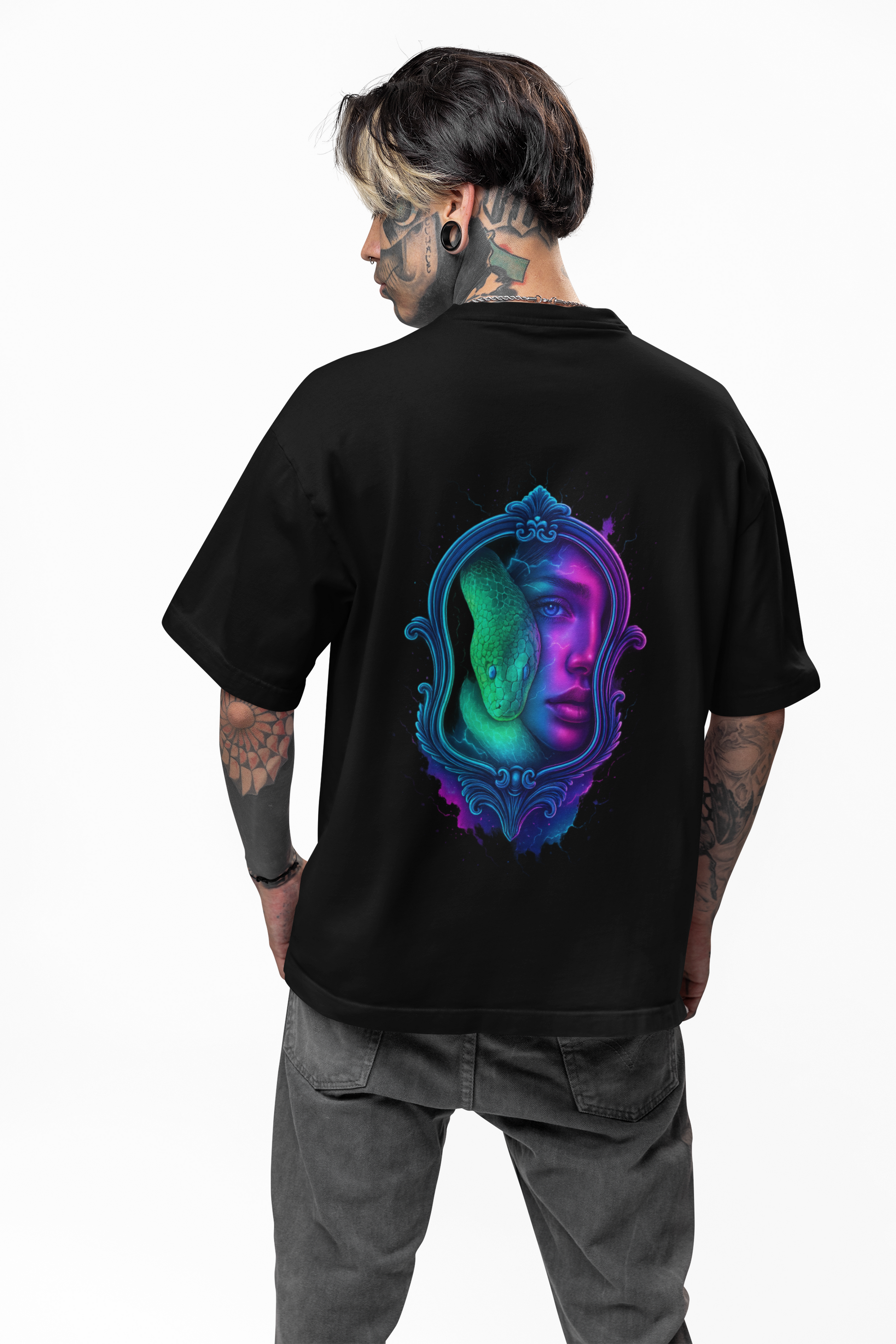 Dinos One-of-One #004 | Mirror Snake Face Tee | Oversized Unisex Streetwear Art Drop 1/1 - DINOS FASHION