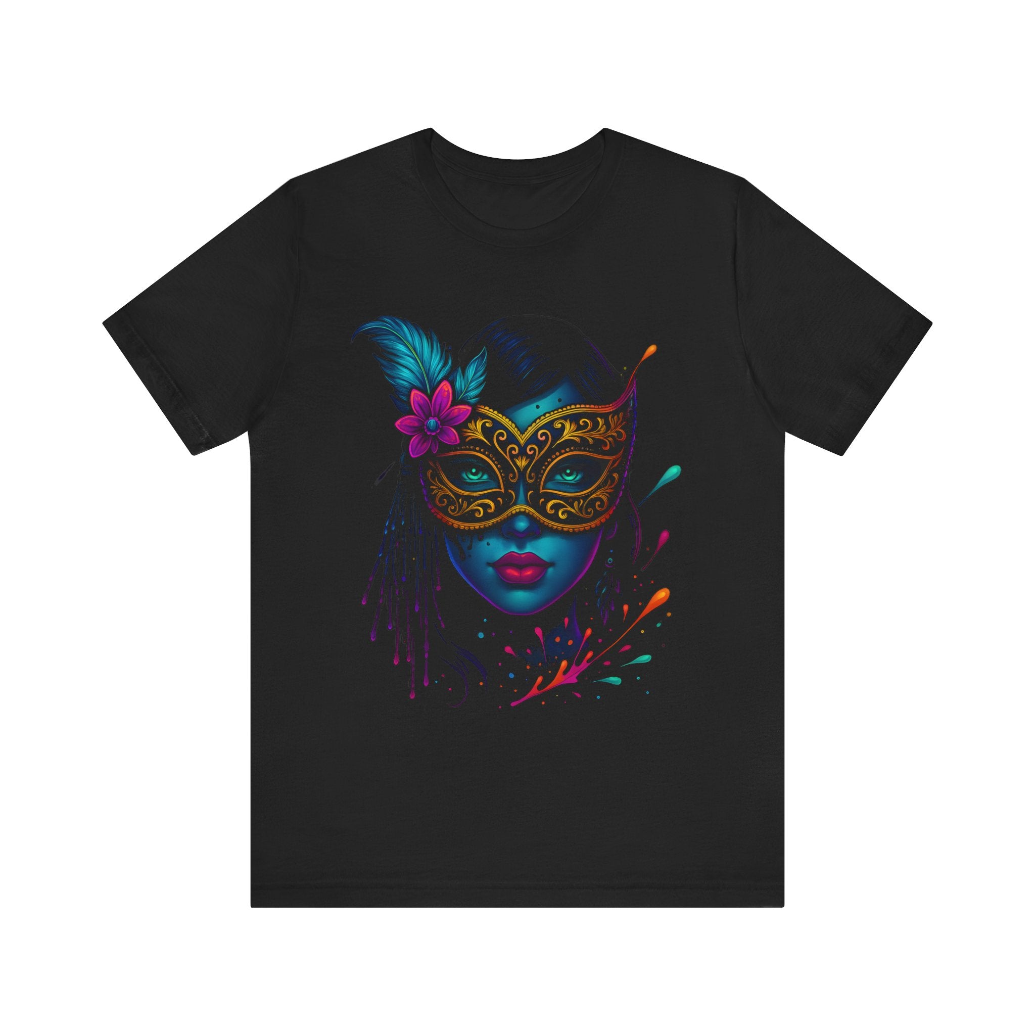 Image of DINOS Masked Art Tee, Unisex Graphic Shirt, Festival Outfit, Boho Style Top, Carnival Celebration T-Shirt - DINOS FASHION
