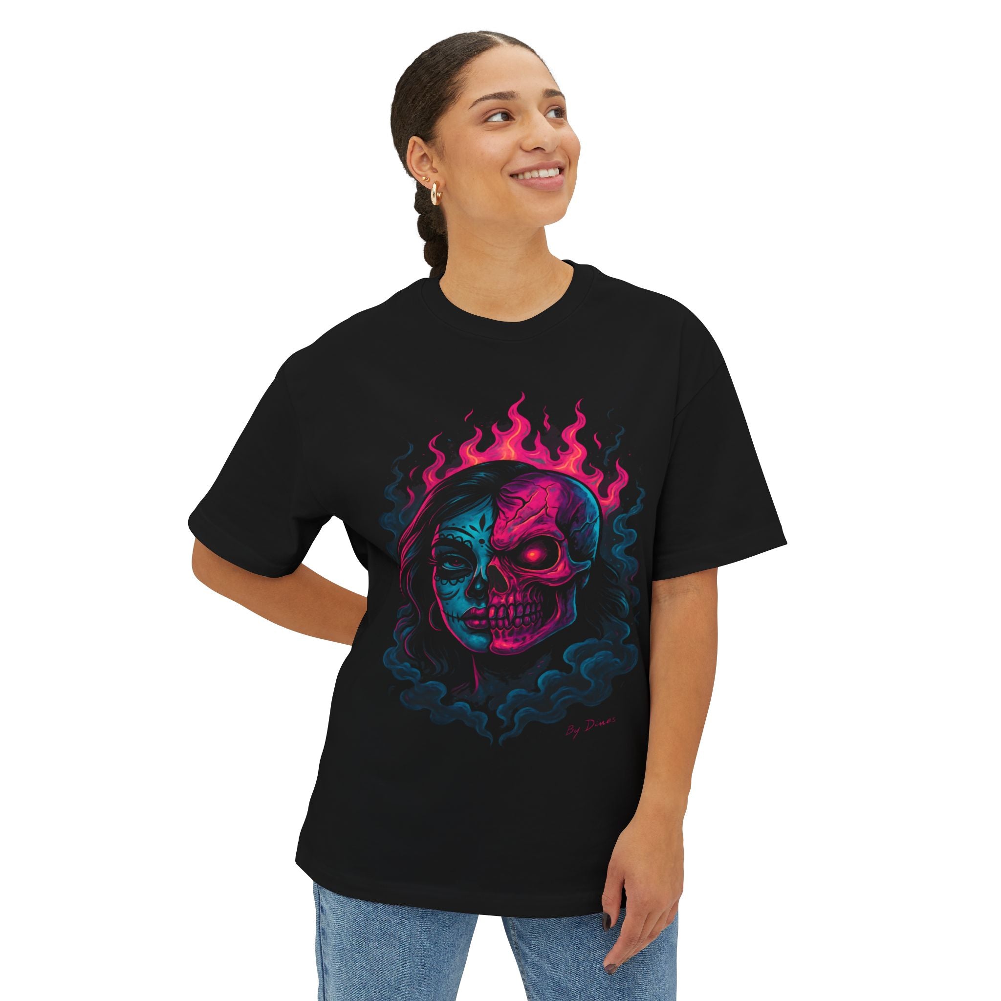 Image of Colorful Dragon & Skull Art Unisex Oversized Boxy Tee | Festival Wear, Graphic Tee, Gift for Him/Her, Street Style, Casual Outfit - DINOS FASHION