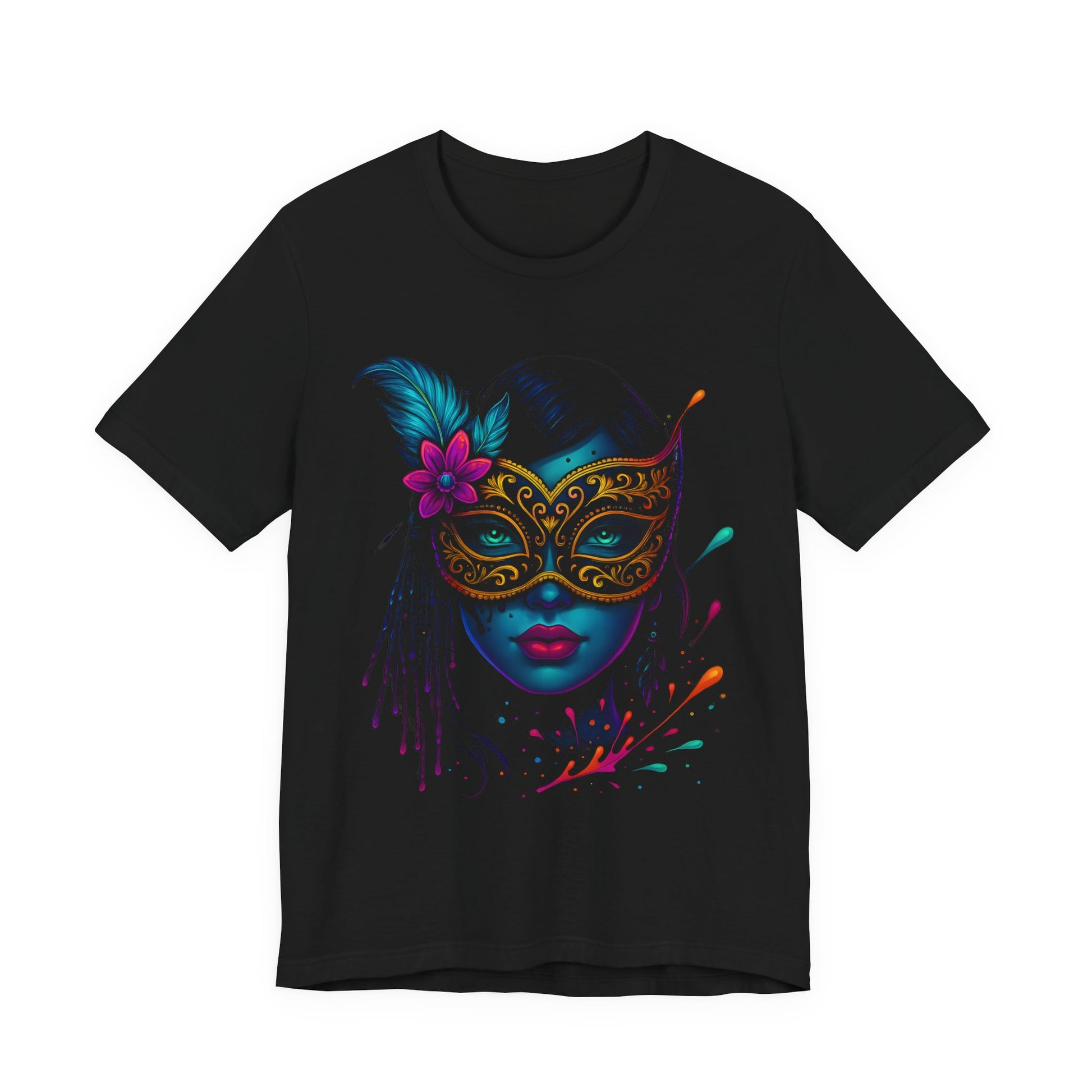 DINOS Masked Art Tee, Unisex Graphic Shirt, Festival Outfit, Boho Style Top, Carnival Celebration T-Shirt - DINOS FASHION