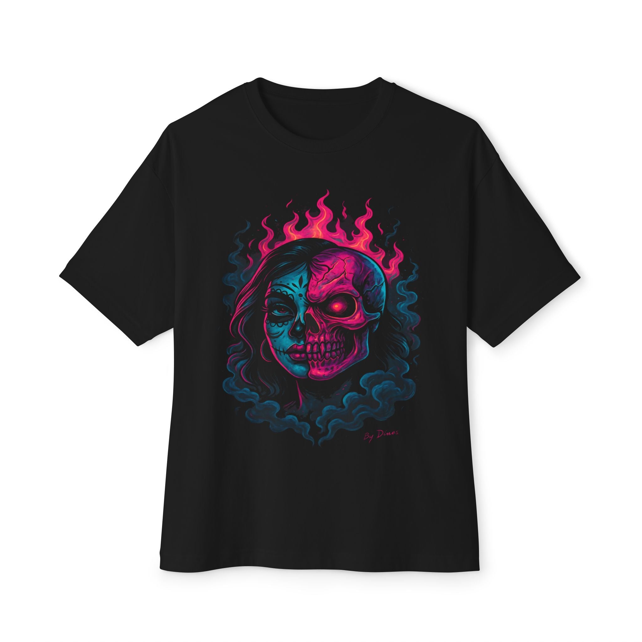 Colorful Dragon & Skull Art Unisex Oversized Boxy Tee | Festival Wear, Graphic Tee, Gift for Him/Her, Street Style, Casual Outfit - DINOS FASHION