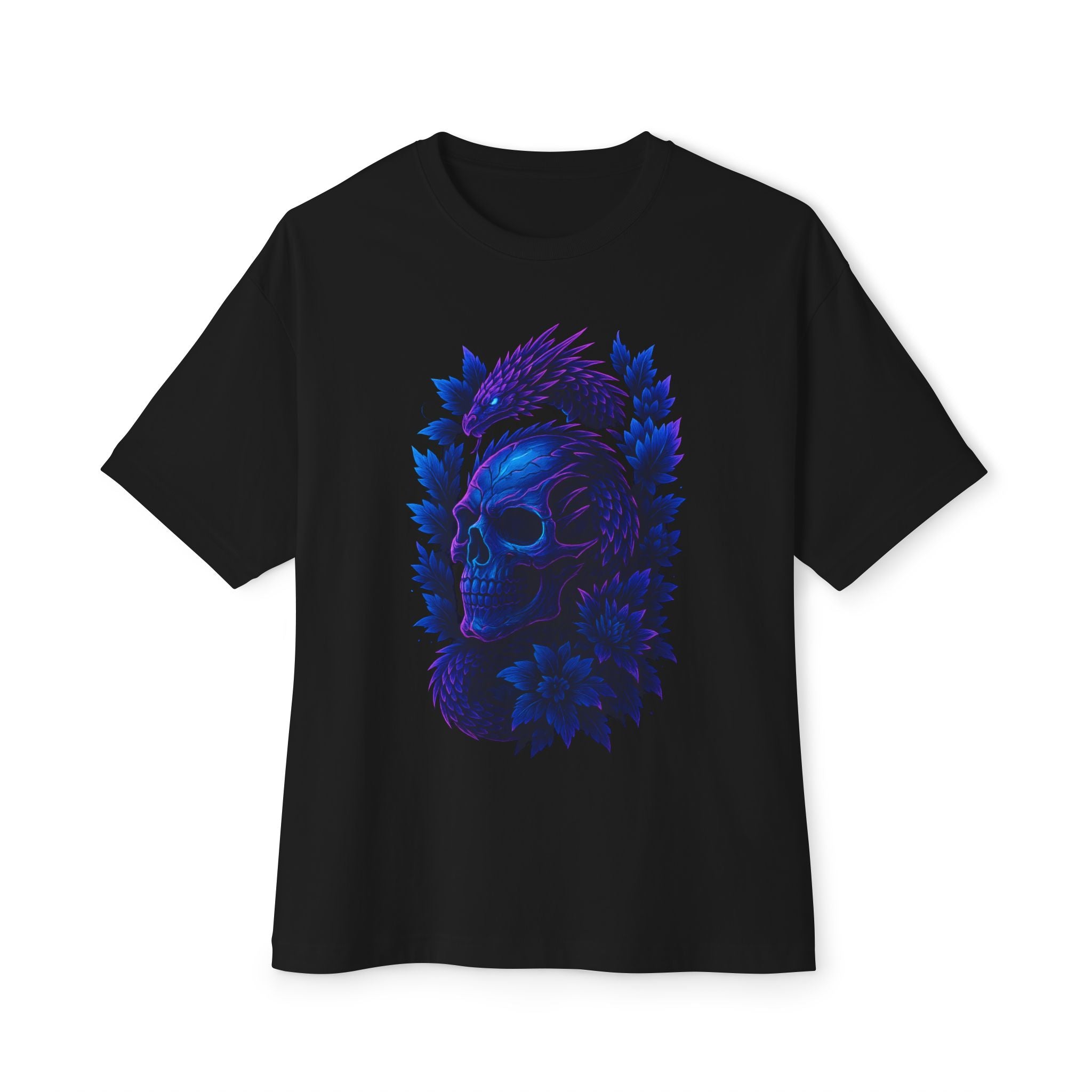 Image of Neon Skull Oversized Boxy Tee | Dinos Streetwear | Premium Cotton Tattoo Art Shirt | Psychedelic Blue Glow Design - DINOS FASHION