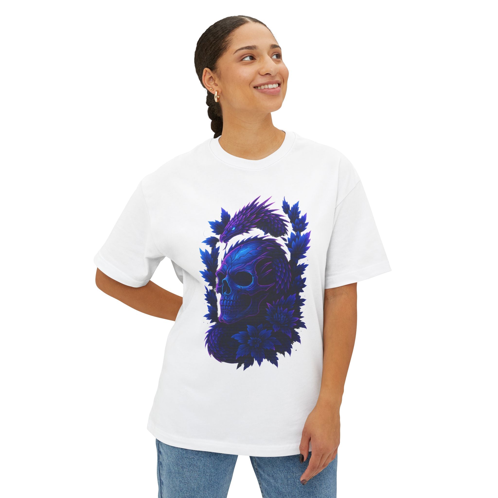 Neon Skull Oversized Boxy Tee | Dinos Streetwear | Premium Cotton Tattoo Art Shirt | Psychedelic Blue Glow Design - DINOS FASHION