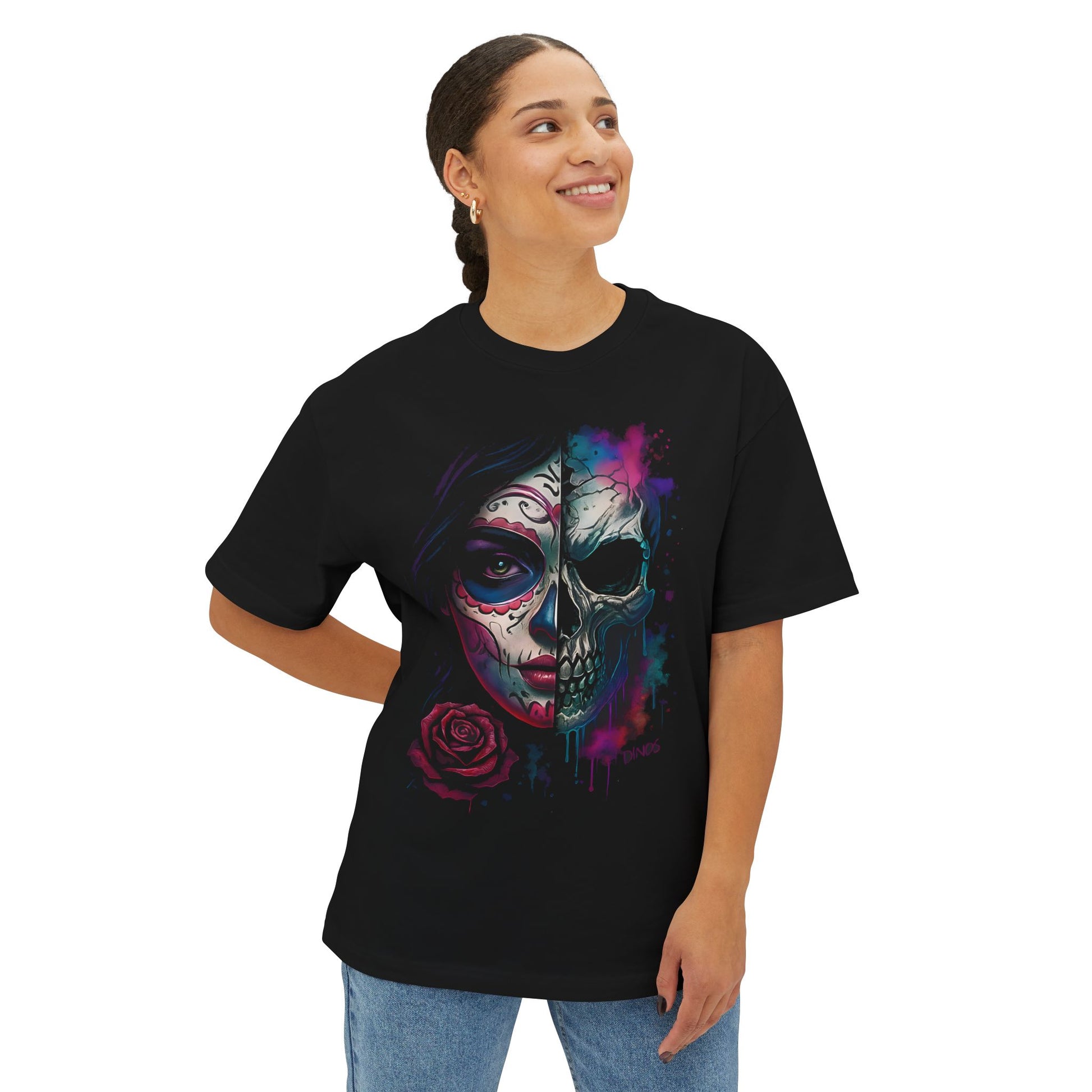 DINOS Chicface Oversized Unisex T-Shirt – Model Wearing Front