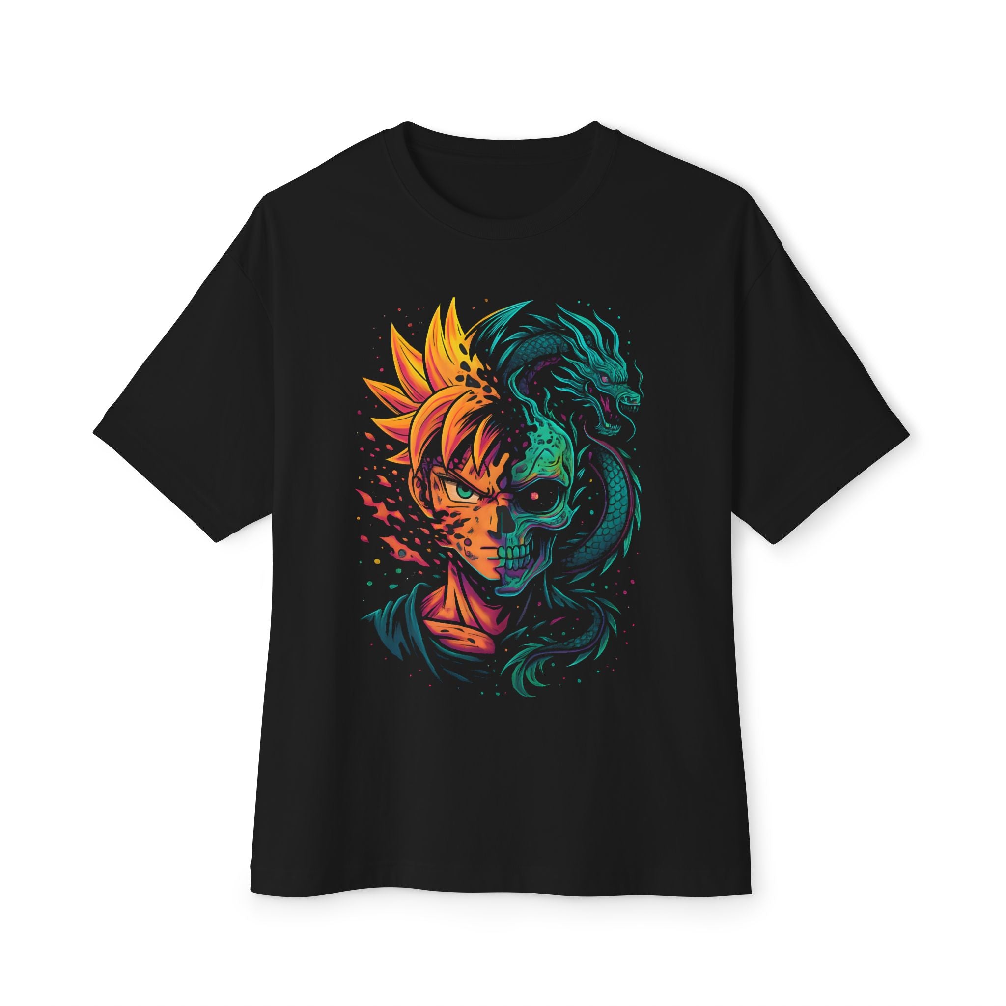 DINOS Vibrant Anime Graphic Tee – Oversized Unisex Streetwear T-Shirt Front View
