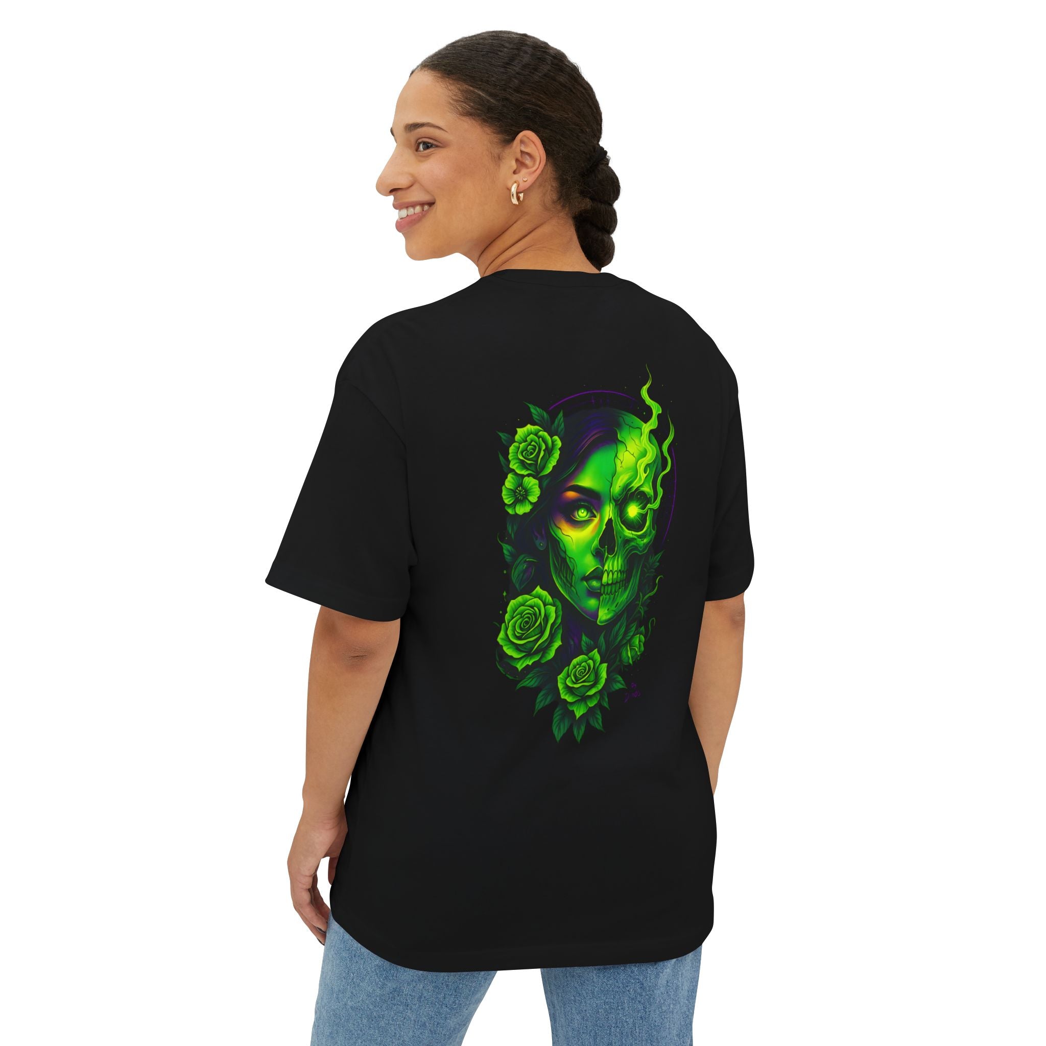 Image of Chic Oversized Graphic Tee with Skull Design, Unisex Grunge Tee, Plus Size Casual Shirt, Streetwear Halloween Top, Gothic Art Apparel - DINOS FASHION