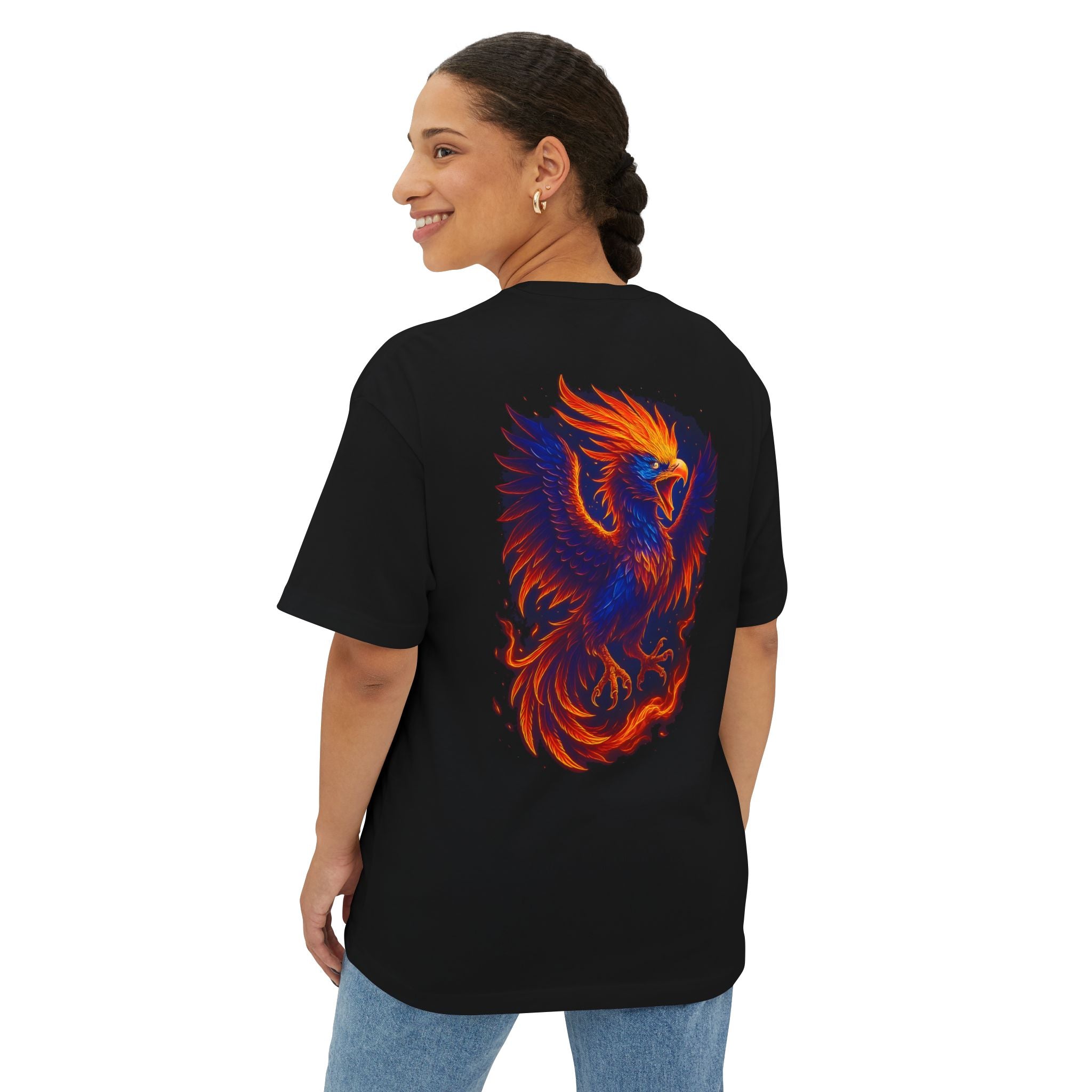 Image of DINOS Phoenix Graphic T-Shirt | Oversized Unisex Boxy Tee | Neon Firebird Streetwear Festival Shirt - DINOS FASHION