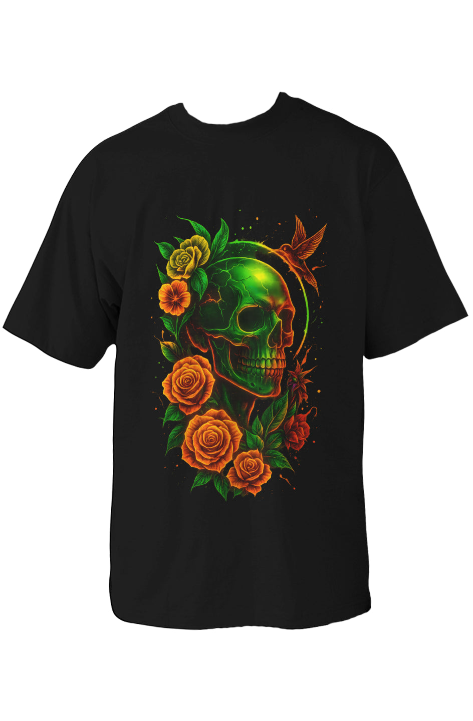 Dinos “Emerald Skull” Oversized Heavyweight T-Shirt | Neon Floral Skull Art | Premium Streetwear - DINOS FASHION