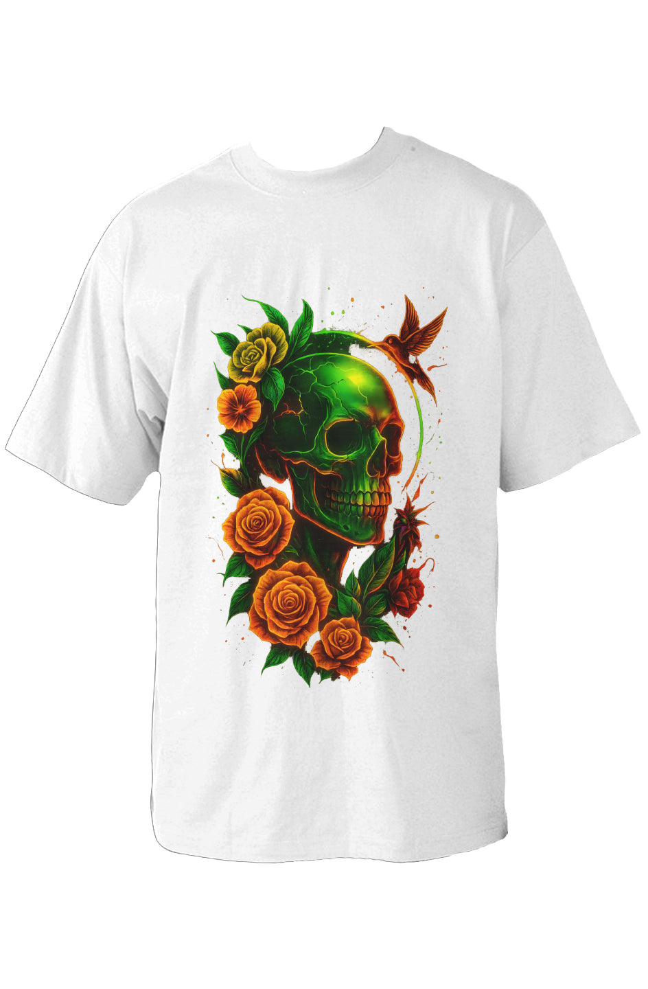 Image of Dinos “Emerald Skull” Oversized Heavyweight T-Shirt | Neon Floral Skull Art | Premium Streetwear - DINOS FASHION