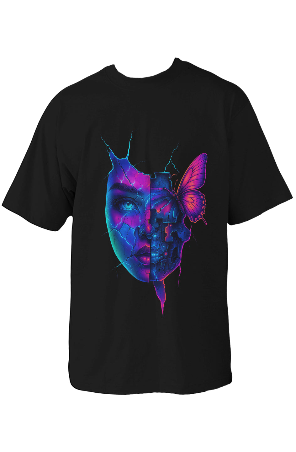 Dinos “Broken Soul” Oversized T-Shirt | Neon Cyber Butterfly Face | Premium 100% Cotton Streetwear - DINOS FASHION