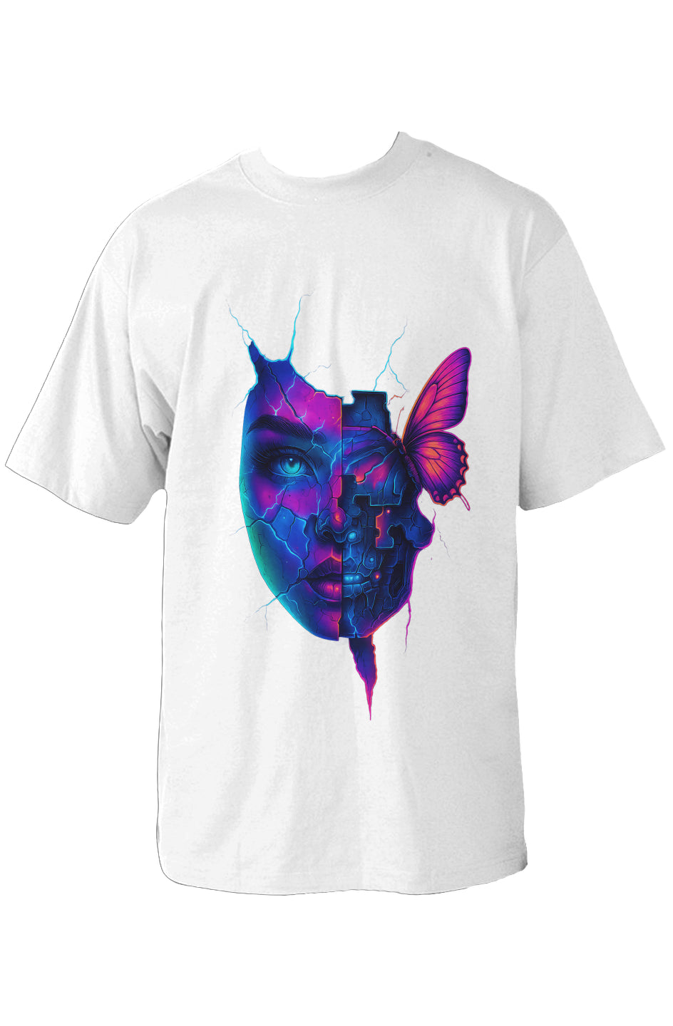 Dinos “Broken Soul” Oversized T-Shirt | Neon Cyber Butterfly Face | Premium 100% Cotton Streetwear - DINOS FASHION