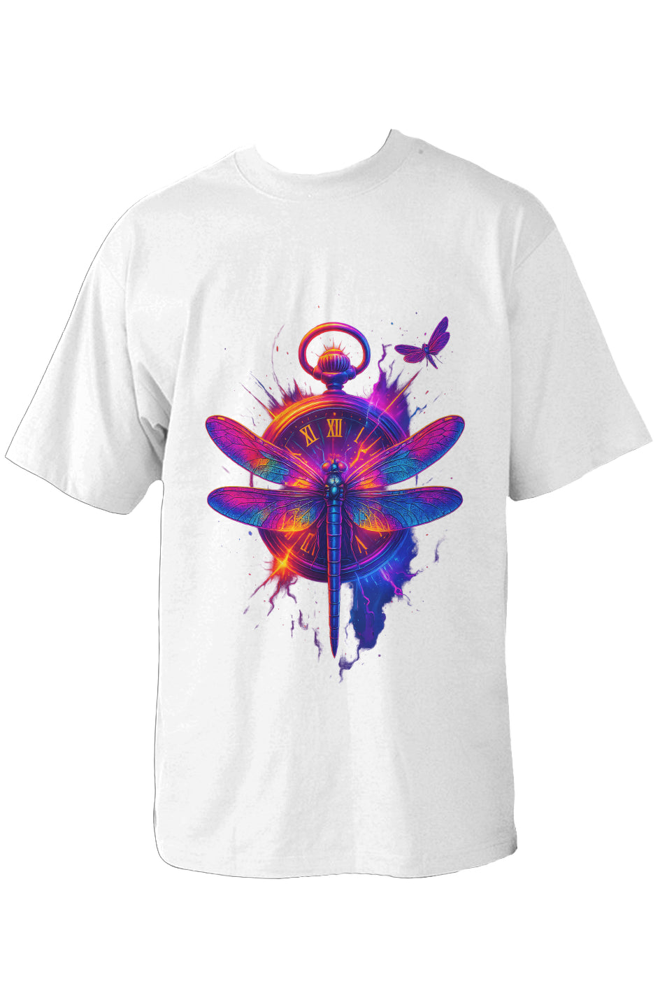 Dinos “Timeless Wings” Oversized T-Shirt | Neon Dragonfly & Clock Design | Premium 100% Cotton Artistic Streetwear - DINOS FASHION