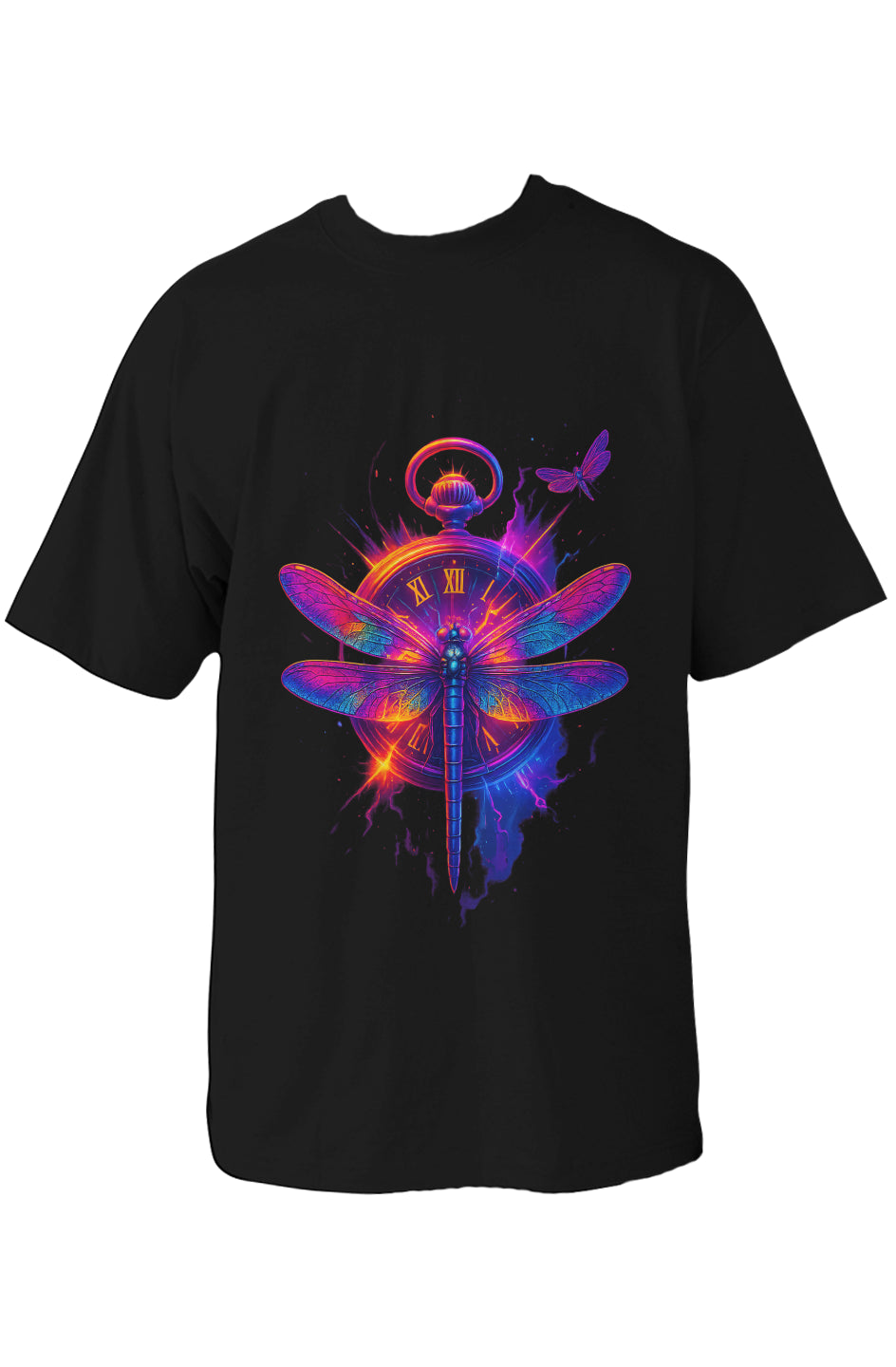 Dinos “Timeless Wings” Oversized T-Shirt | Neon Dragonfly & Clock Design | Premium 100% Cotton Artistic Streetwear - DINOS FASHION