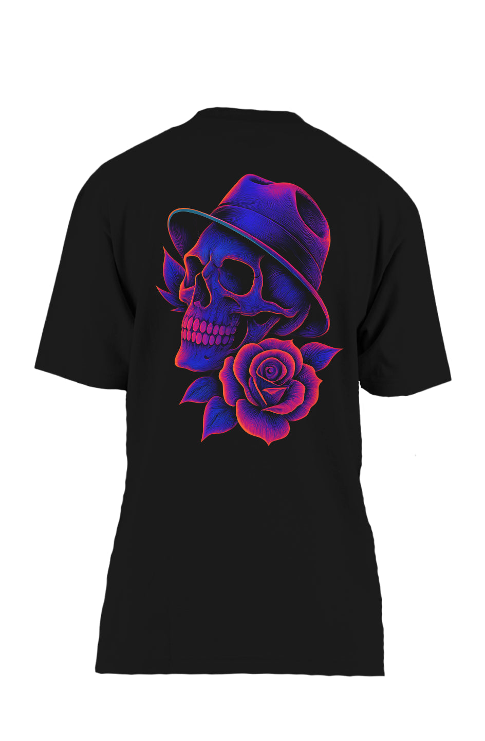 Dinos “Midnight Rose” Oversized T-Shirt | Neon Skull with Fedora | Premium 100% Cotton Streetwear Art Tee - DINOS FASHION