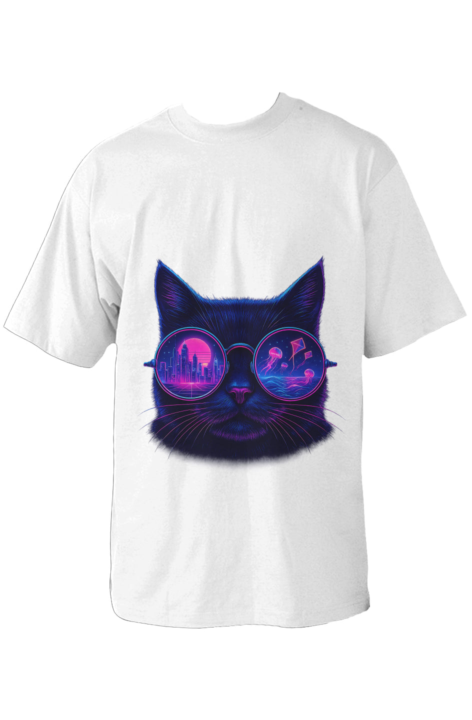 Dinos “Neon Vision” Oversized T-Shirt | Cyber Cat with Reflective Glasses | Premium 100% Cotton Streetwear - DINOS FASHION