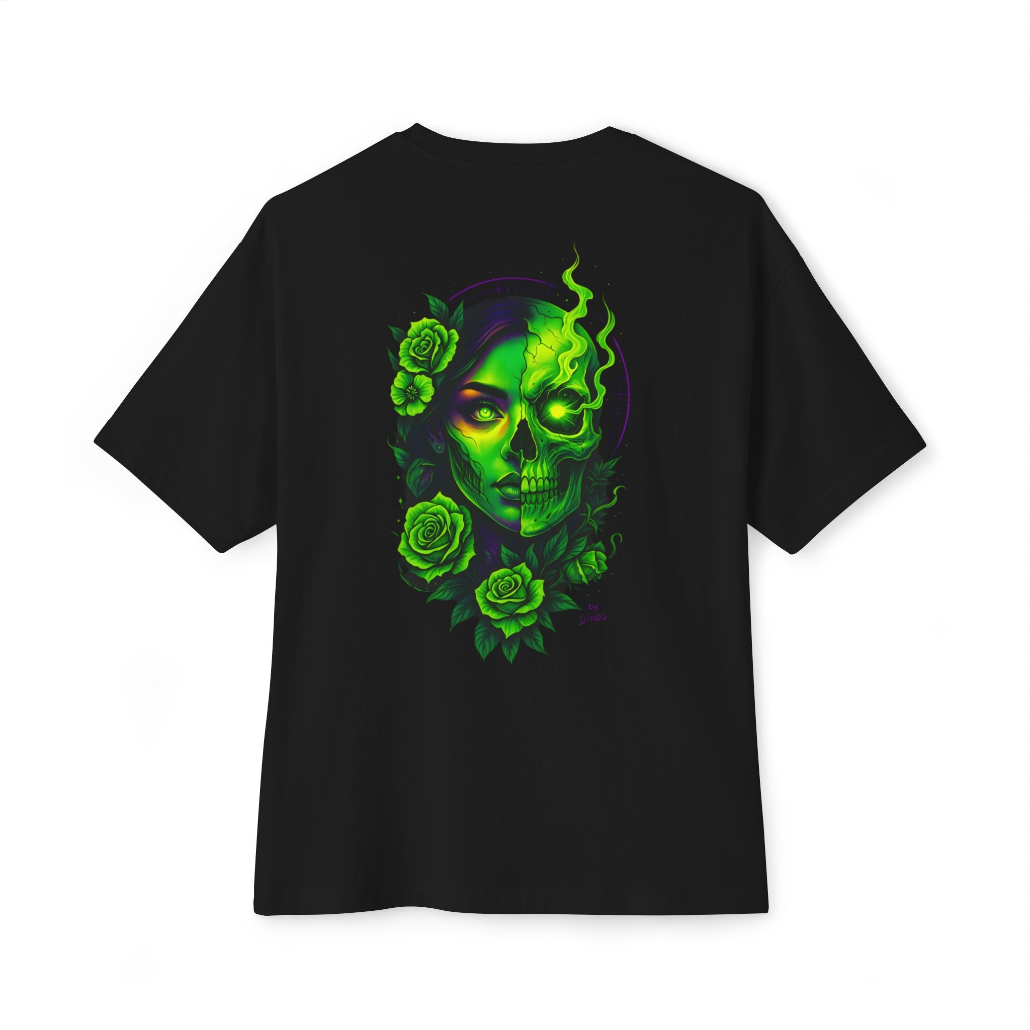 Image of Chic Oversized Graphic Tee with Skull Design, Unisex Grunge Tee, Plus Size Casual Shirt, Streetwear Halloween Top, Gothic Art Apparel - DINOS FASHION