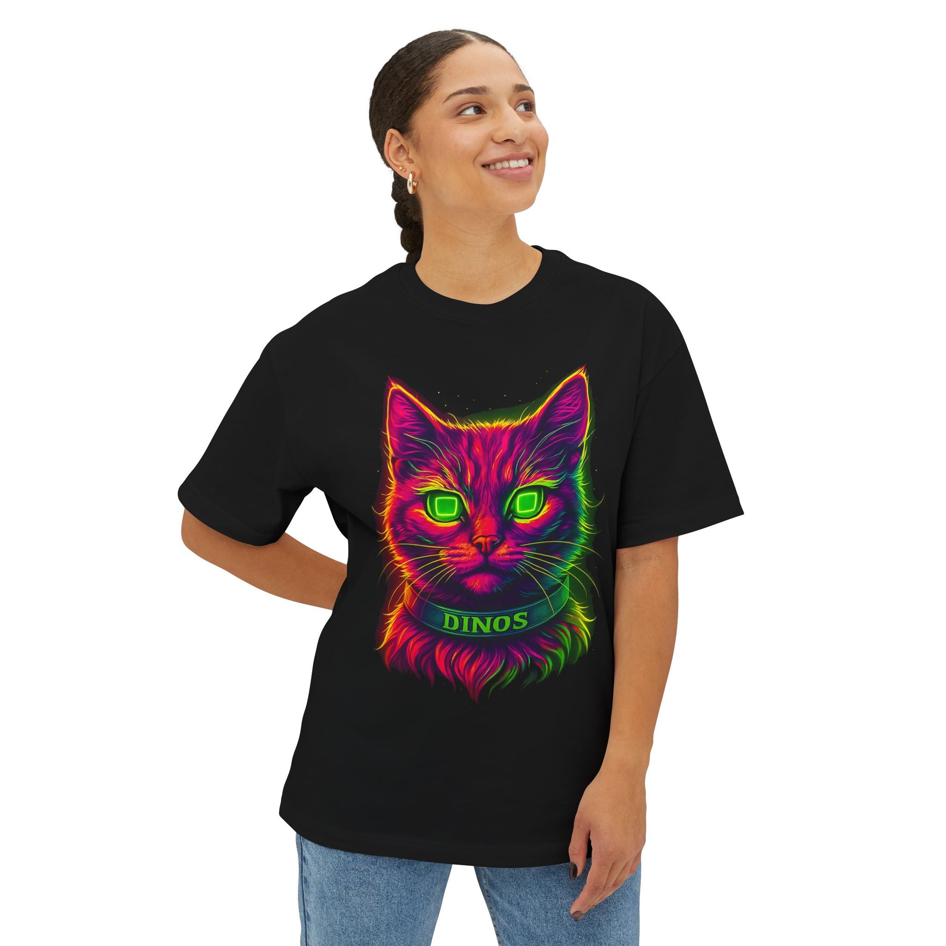 DINOS CAT OVERSIZE Unisex T-Shirt – Female Model Wearing Front View