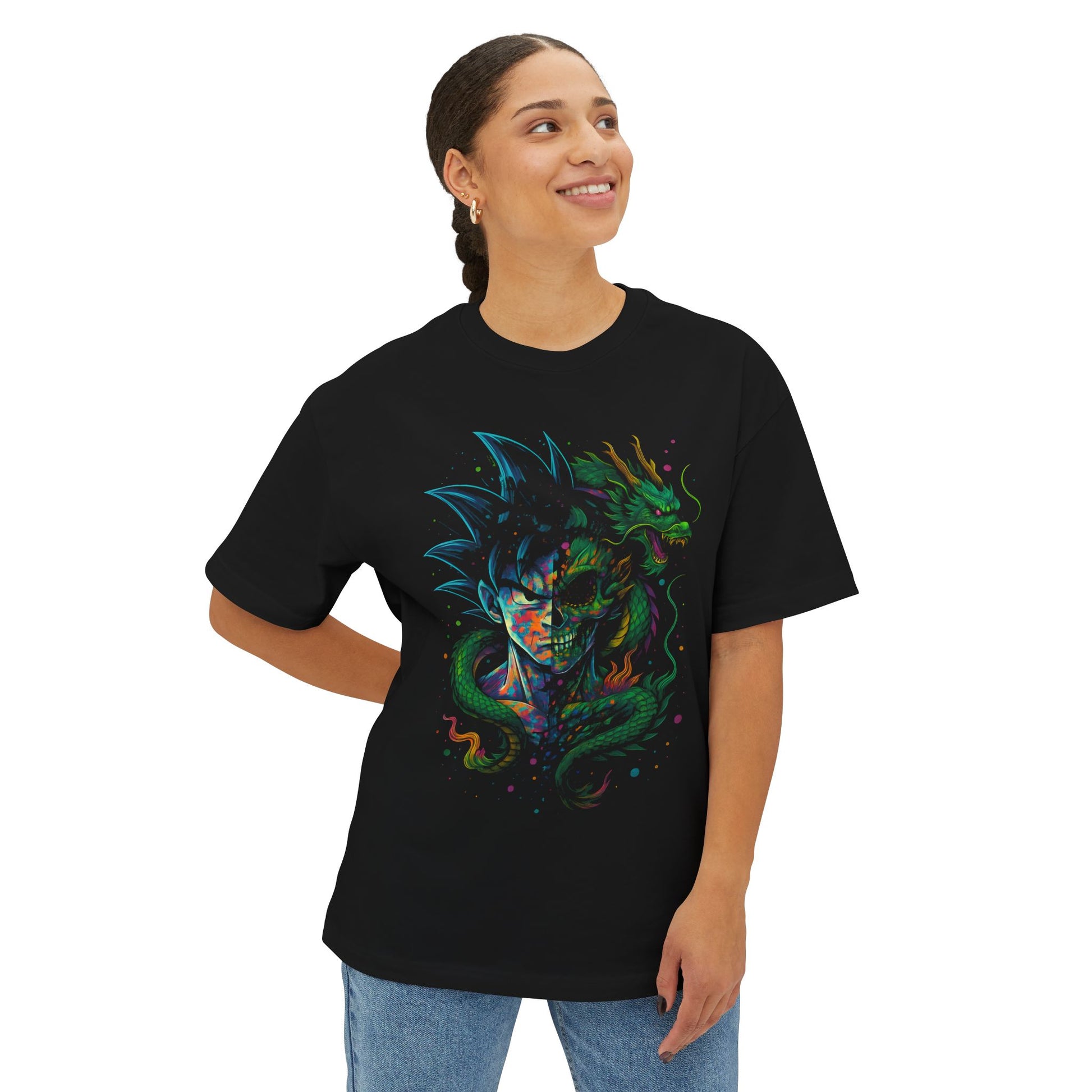 DINOS Anime Hero Oversized Unisex Shirt – Model Wearing Front View