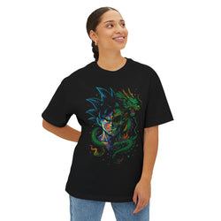 Image of DINOS Anime Hero Oversized Unisex Shirt – Model Wearing Front View