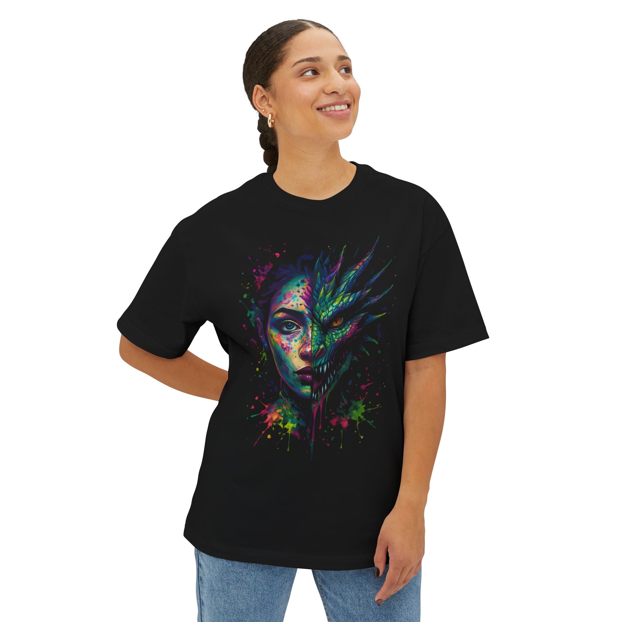Image of DINOS Mystical Dragon Oversized Tee | Unisex Boxy Graphic Shirt | Fantasy Streetwear - DINOS FASHION