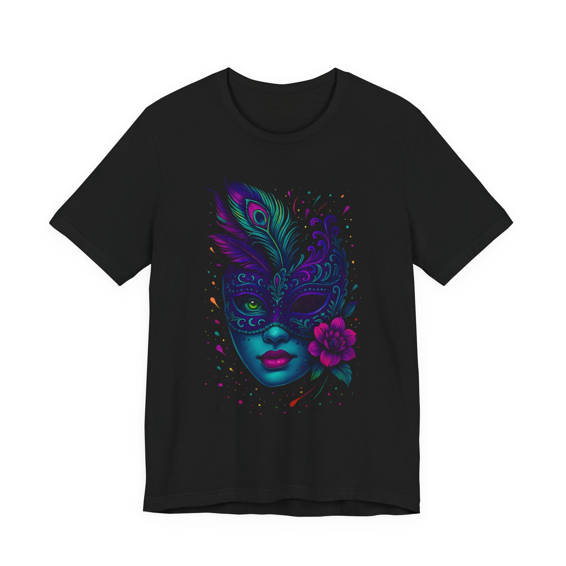 DINOS Carnival Mask Tee - Artistic Shirt, Festival Wear, Unisex Jersey, Gift for Art Lovers, Colorful Summer Fashion - DINOS FASHION