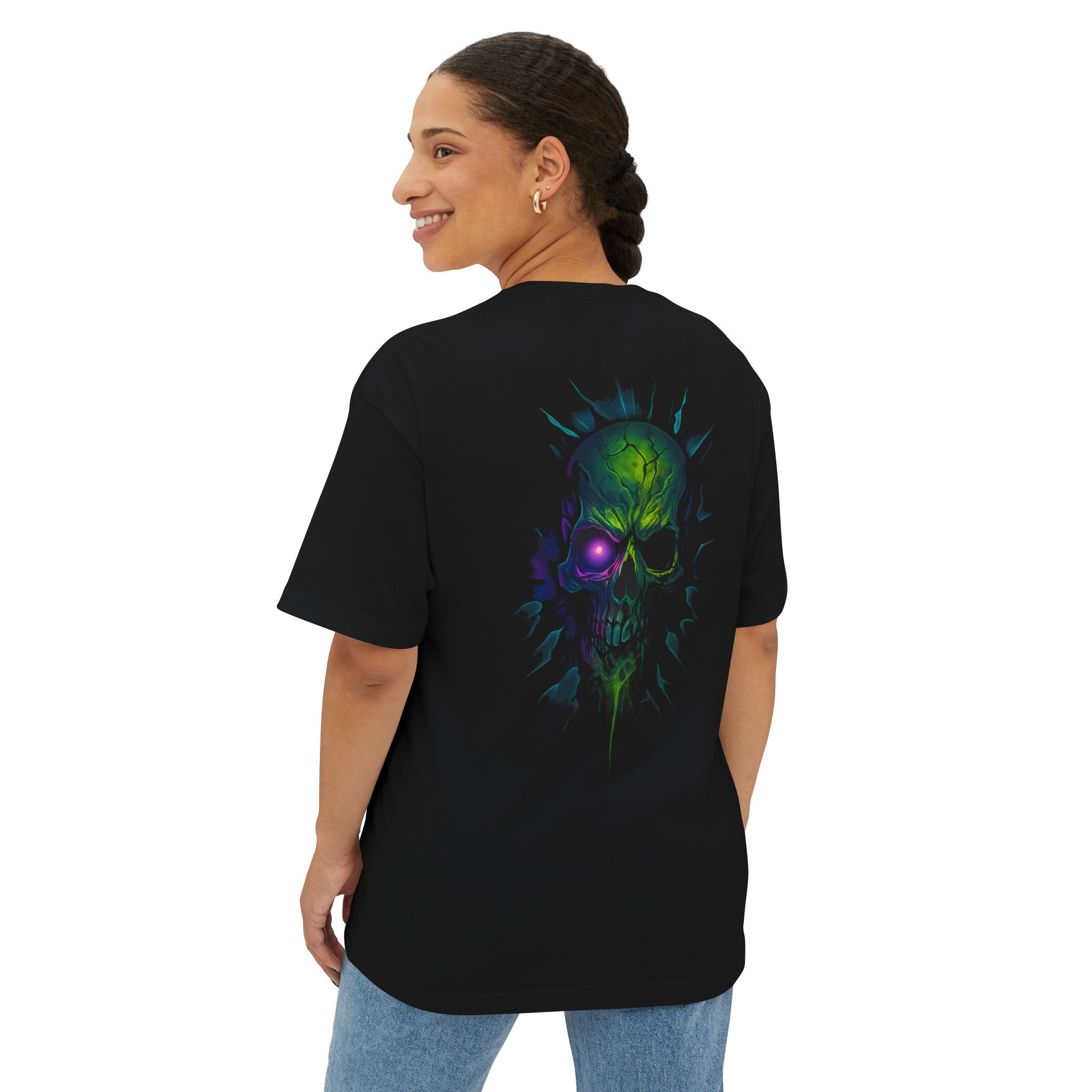 DINOS Chicface Oversized Unisex T-Shirt – Model Wearing Back