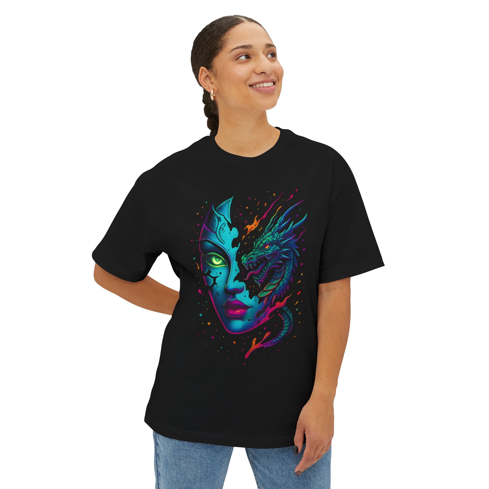 Image of DINOS Mystical Dragon Oversized T-Shirt | Neon Unisex Streetwear Tee | Festival Fantasy Graphic Shirt - DINOS FASHION