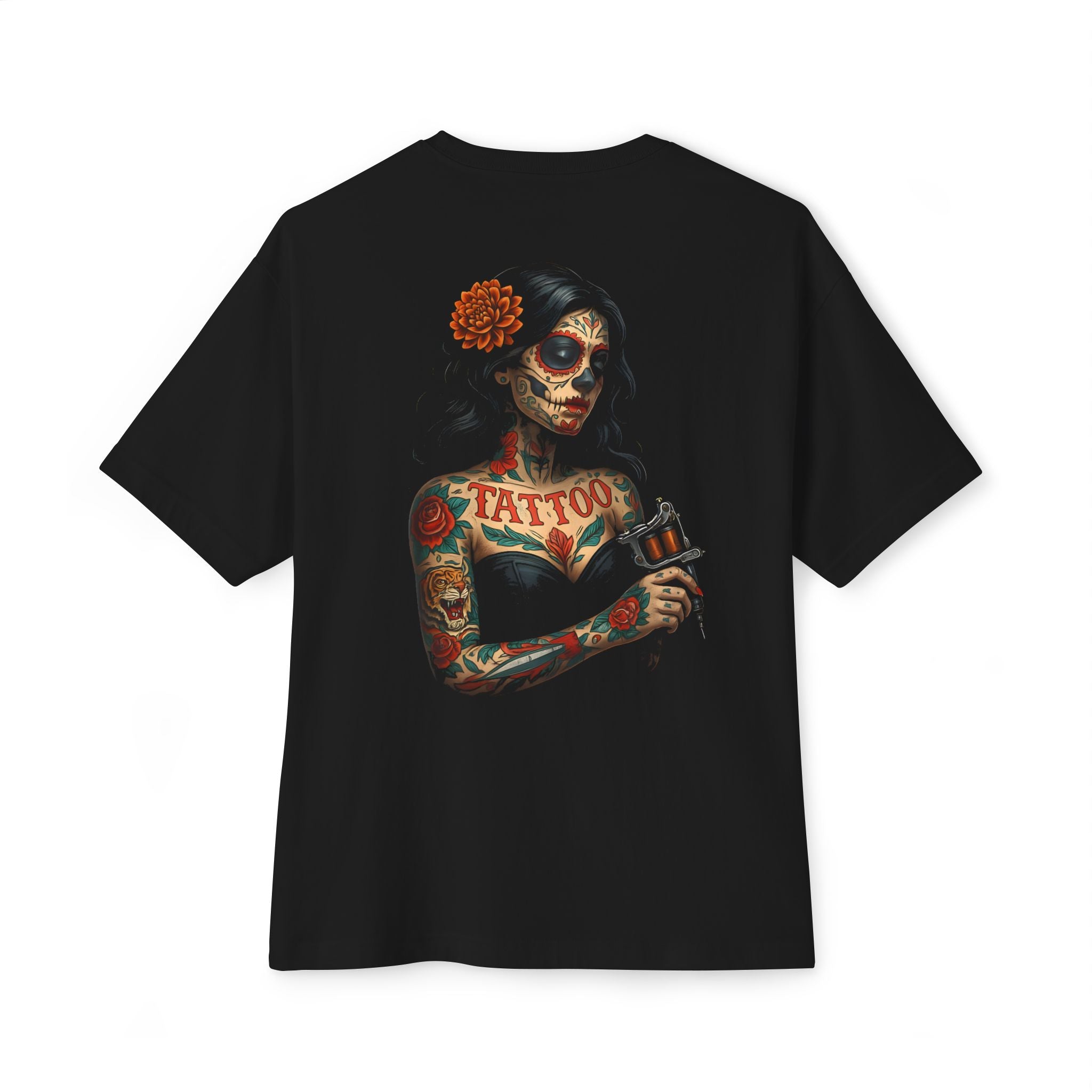 Image of DINOS Sugar Skull Chicano T-Shirt | Oversized Unisex Graphic Tee | Day of the Dead Streetwear Shirt - DINOS FASHION