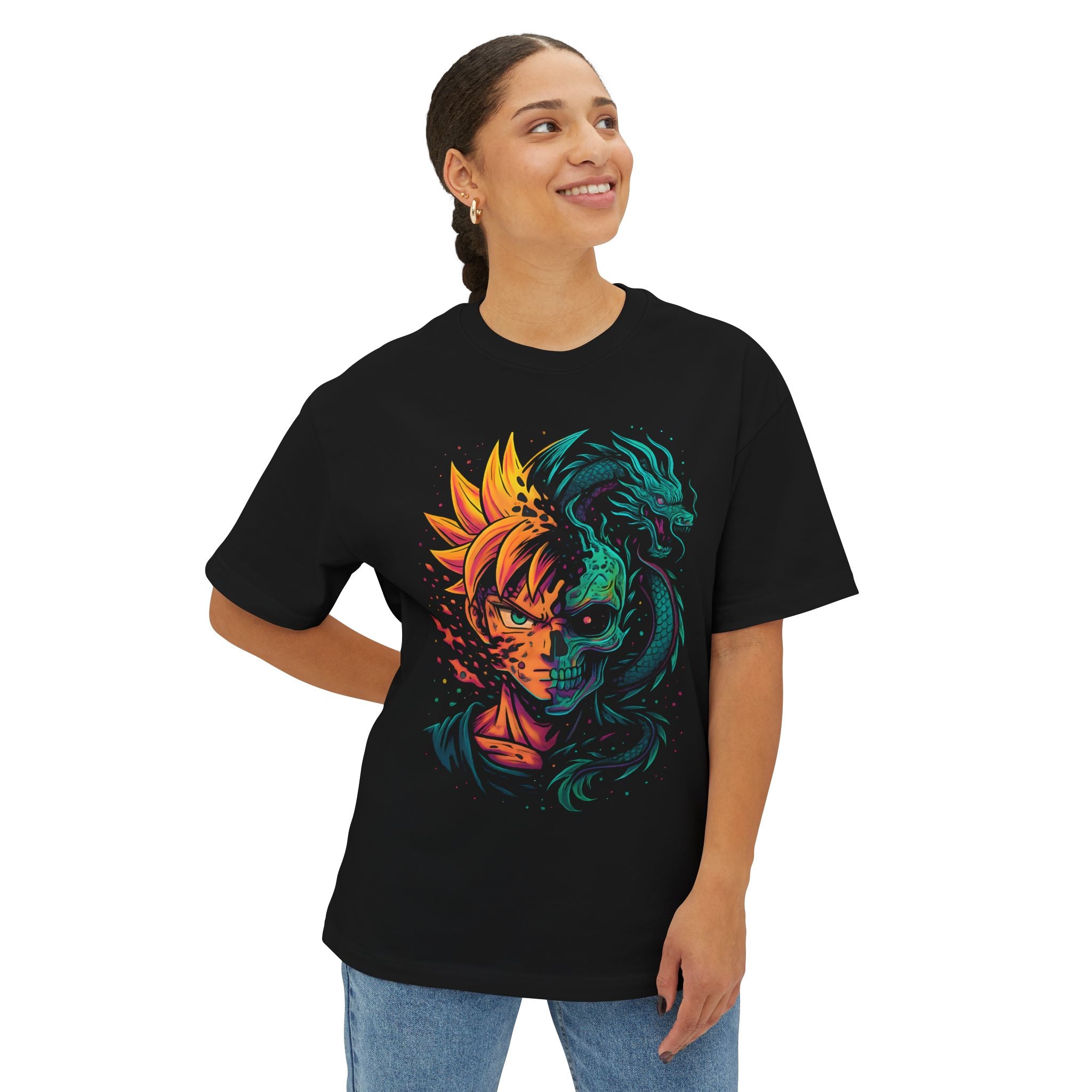DINOS Vibrant Anime Graphic Tee – Model Wearing Oversized Streetwear Anime Shirt Front
