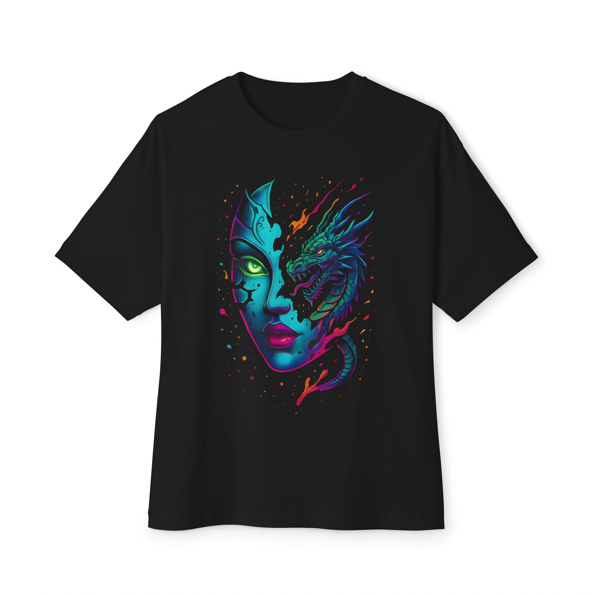 Image of DINOS Mystical Dragon Oversized T-Shirt | Neon Unisex Streetwear Tee | Festival Fantasy Graphic Shirt - DINOS FASHION