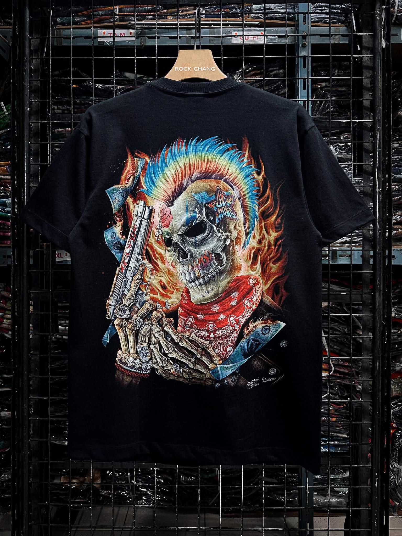 Image of Rock Chang × Dinos — Flaming Skull Revolver Tee | 100% Cotton Premium Oversized Streetwear - DINOS FASHION