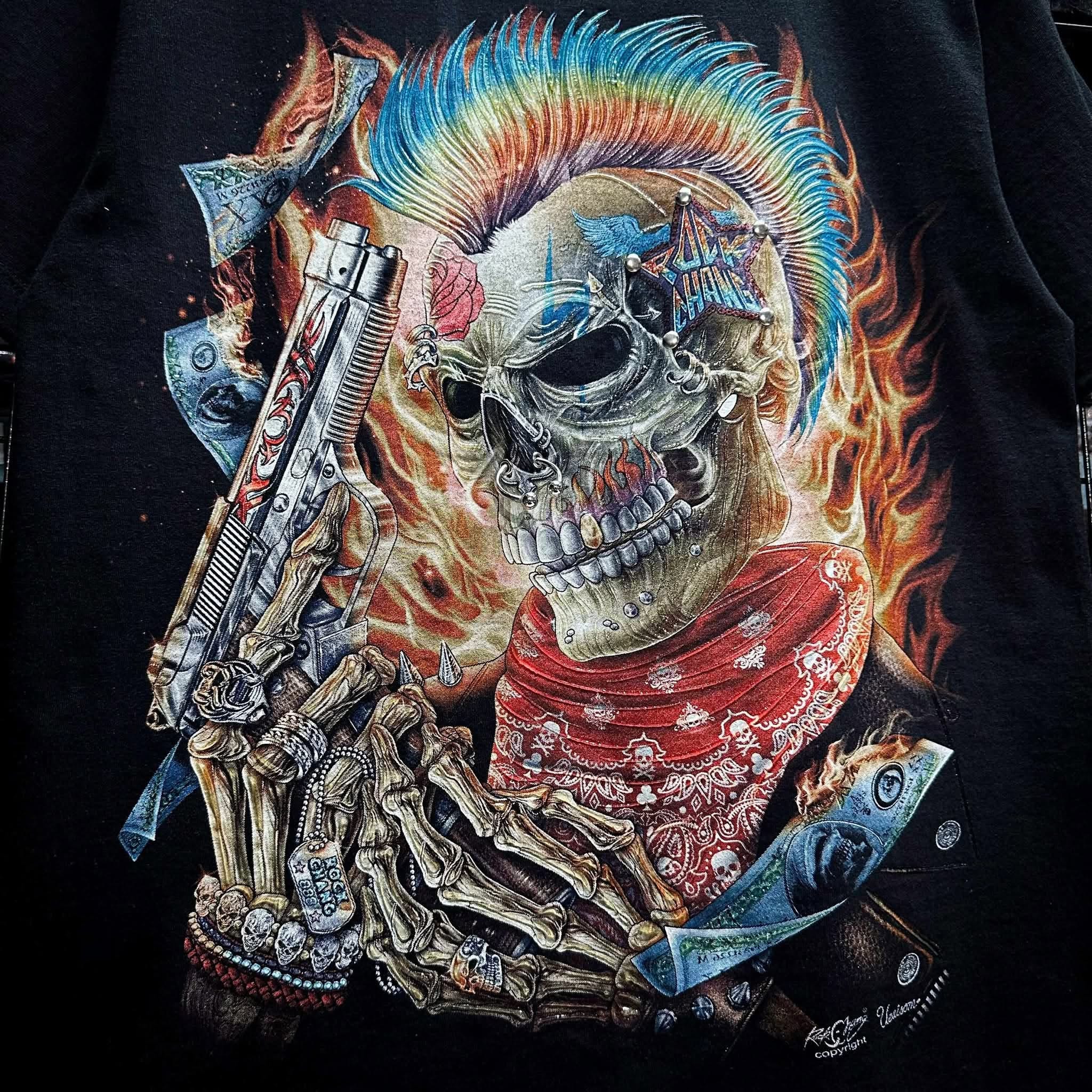 Image of Rock Chang × Dinos — Flaming Skull Revolver Tee | 100% Cotton Premium Oversized Streetwear - DINOS FASHION